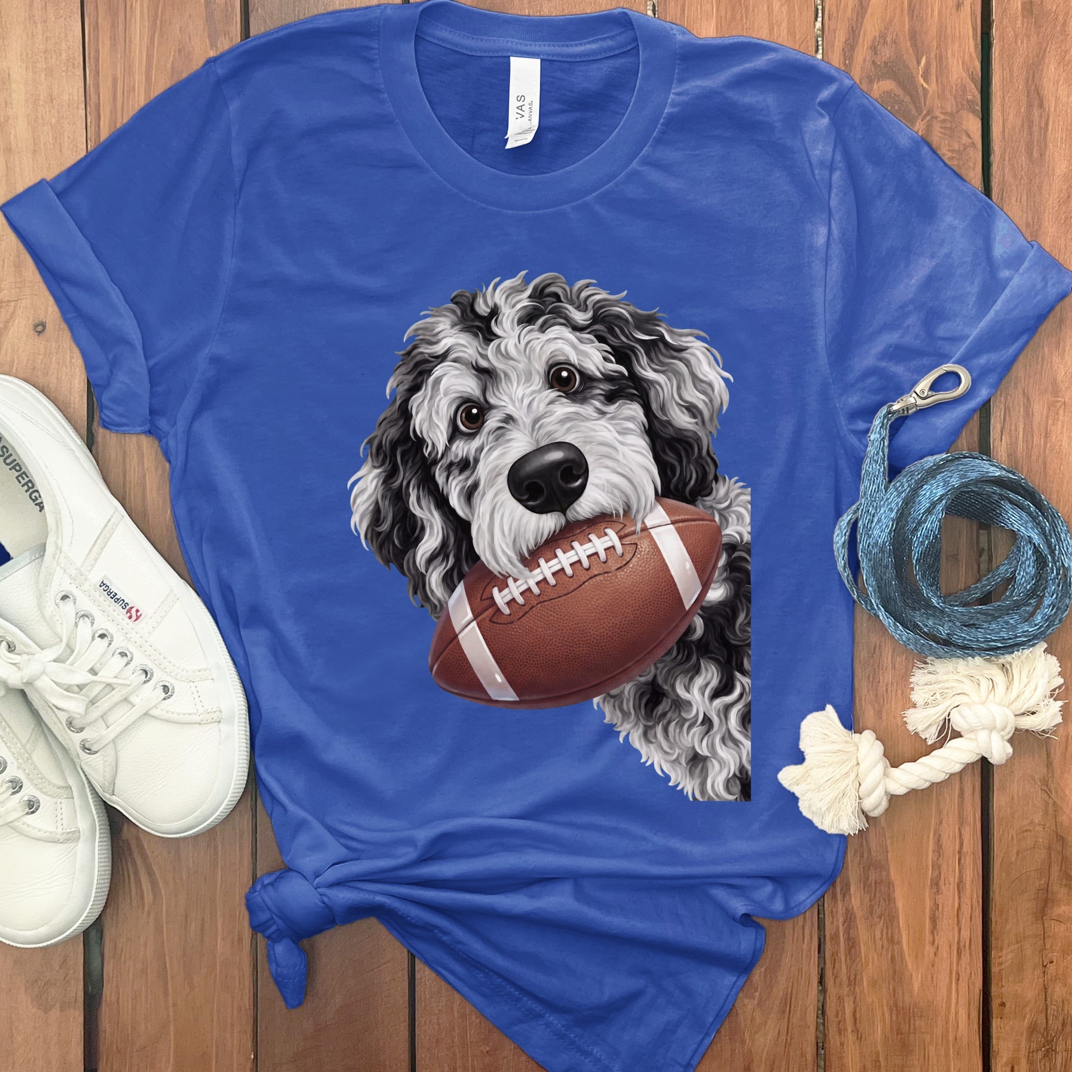 Merle Goldendoodle Football T-Shirt in True Royal / S by Puppy Jo