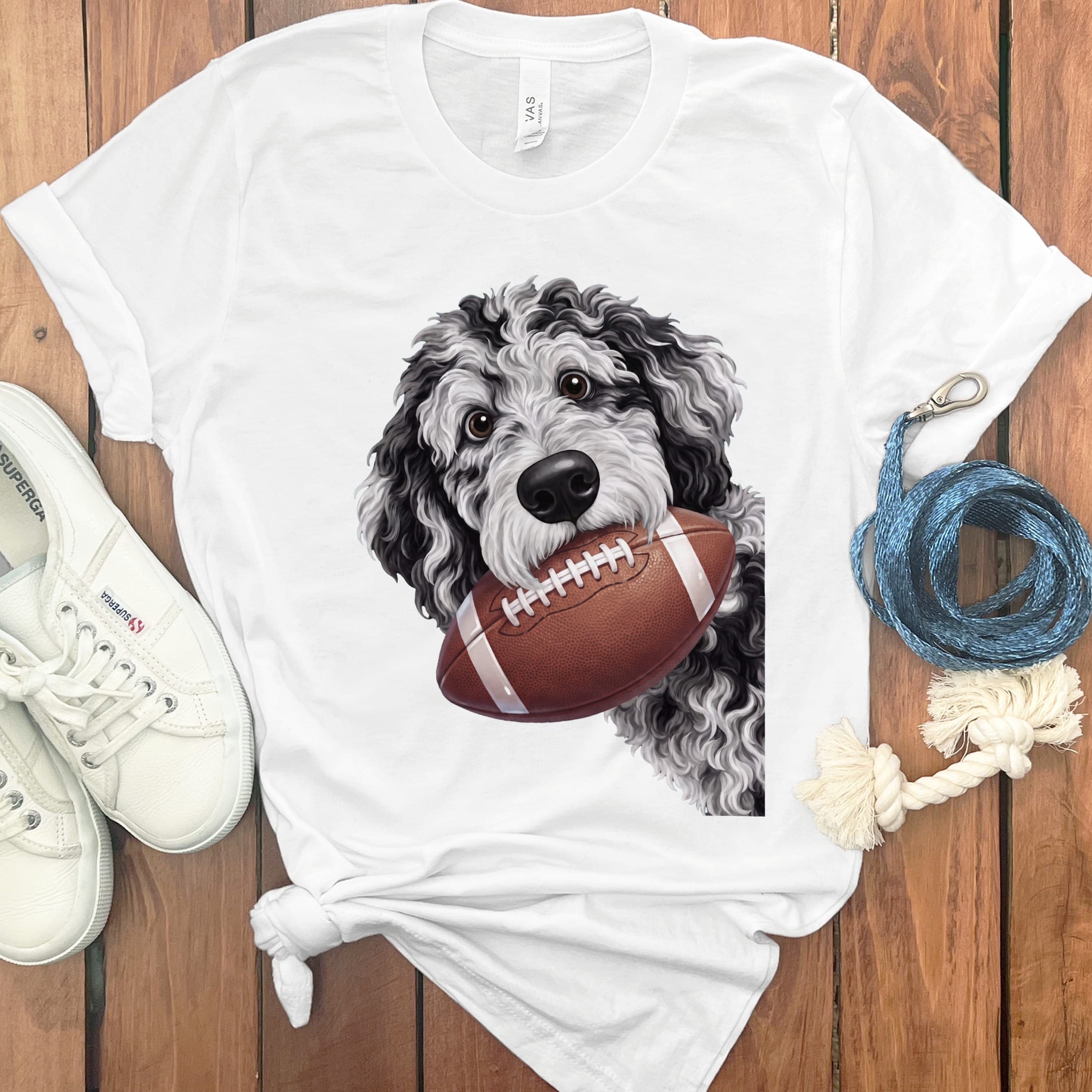 Merle Goldendoodle Football T-Shirt in White / S by Puppy Jo