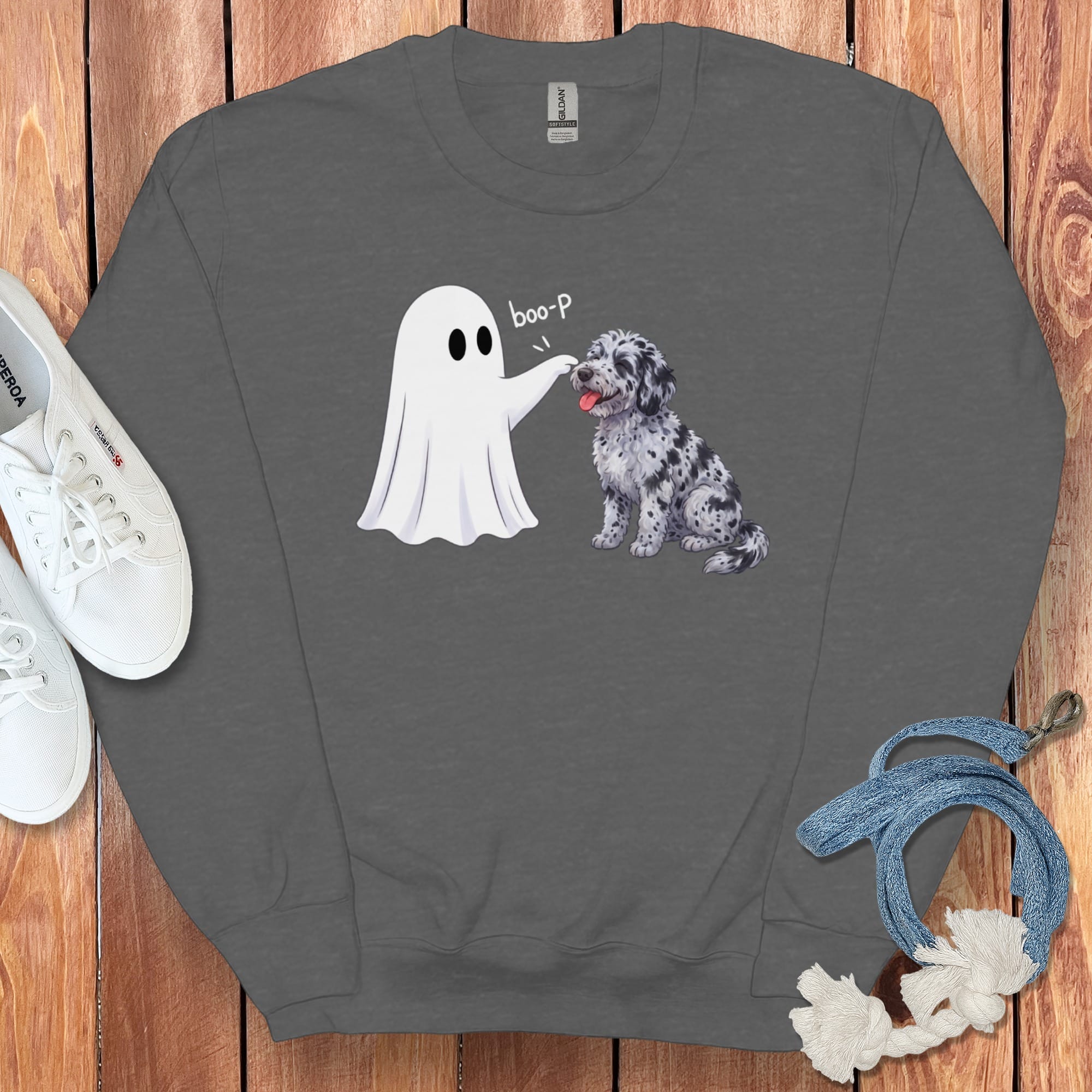 Merle Goldendoodle Ghost Boop Sweatshirt in S / Dark Heather by Puppy Jo
