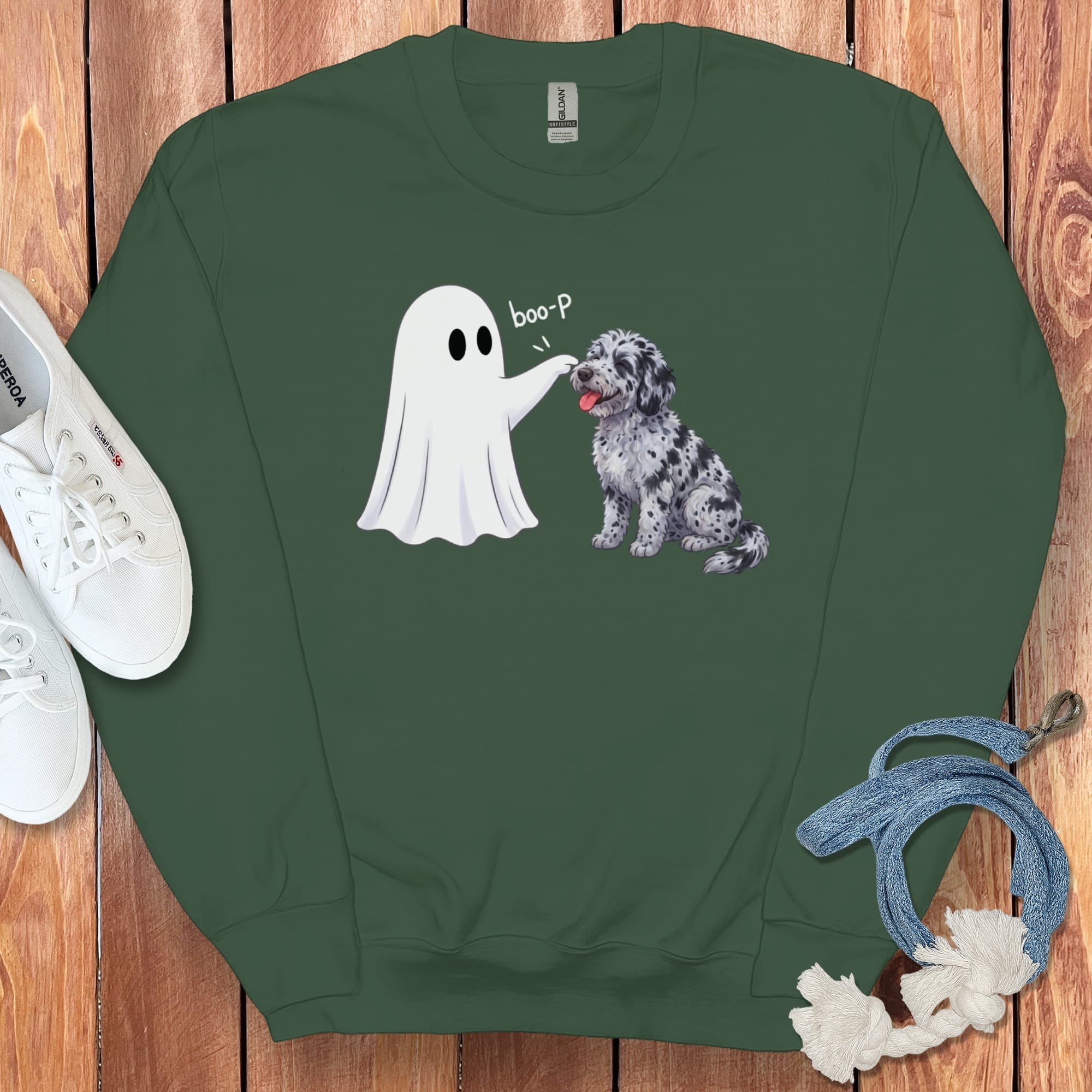 Merle Goldendoodle Ghost Boop Sweatshirt in S / Forest Green by Puppy Jo