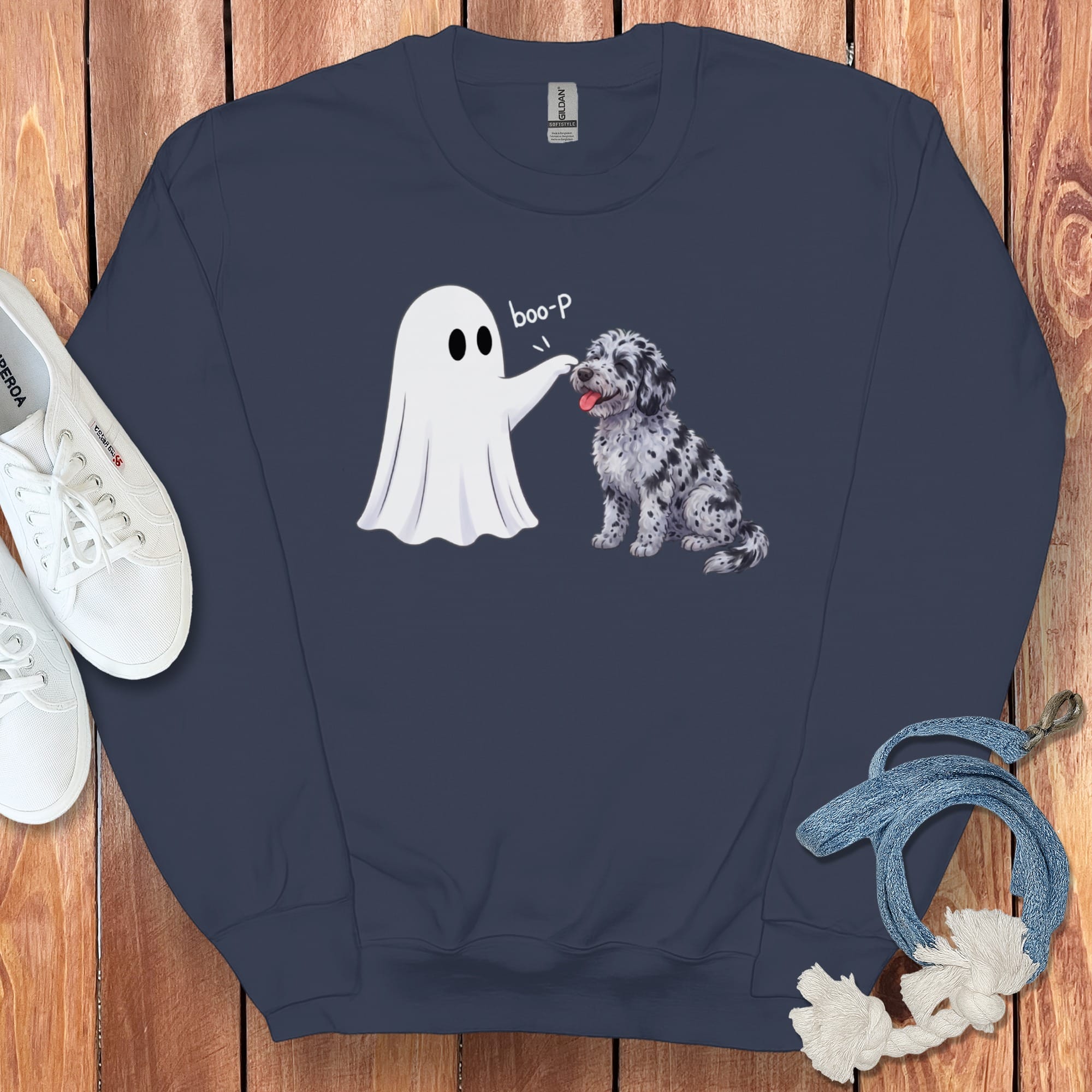 Merle Goldendoodle Ghost Boop Sweatshirt in S / Navy by Puppy Jo