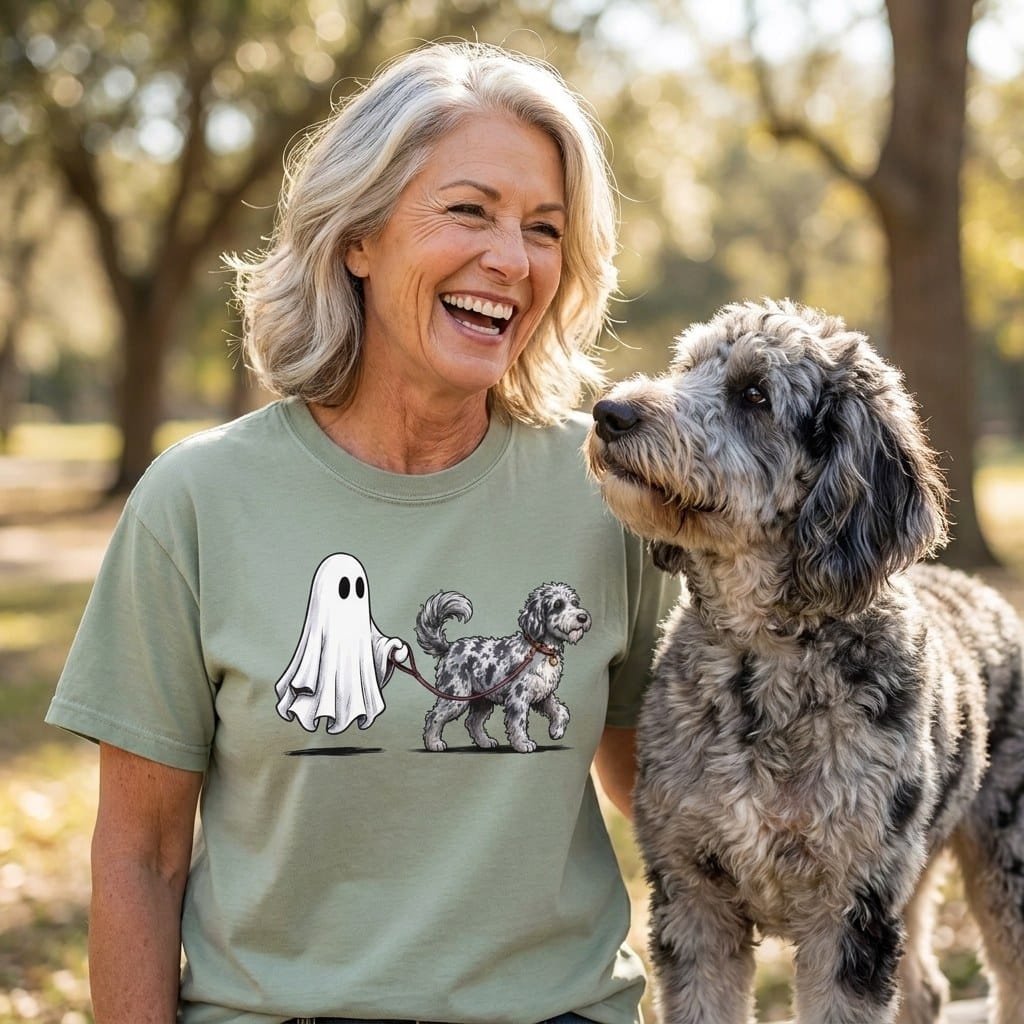 Merle Goldendoodle Ghost Walk Signature T-Shirt in by Puppy Jo