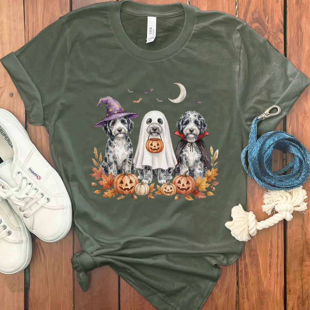 Merle Goldendoodle Halloween Crew T-Shirt in Military Green / S by Puppy Jo