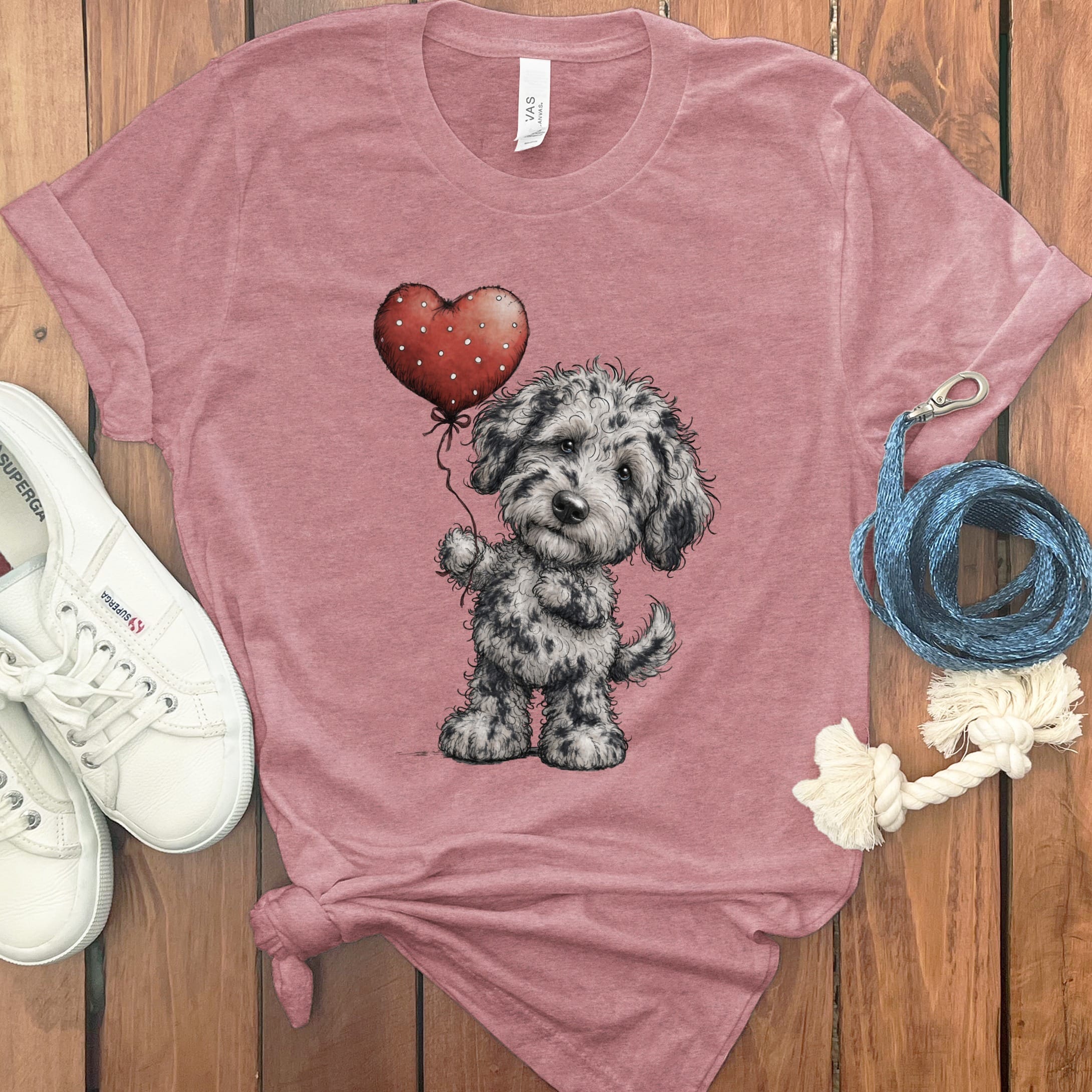 Merle Goldendoodle Heart T-Shirt in Heather Mauve / M by Puppy Jo