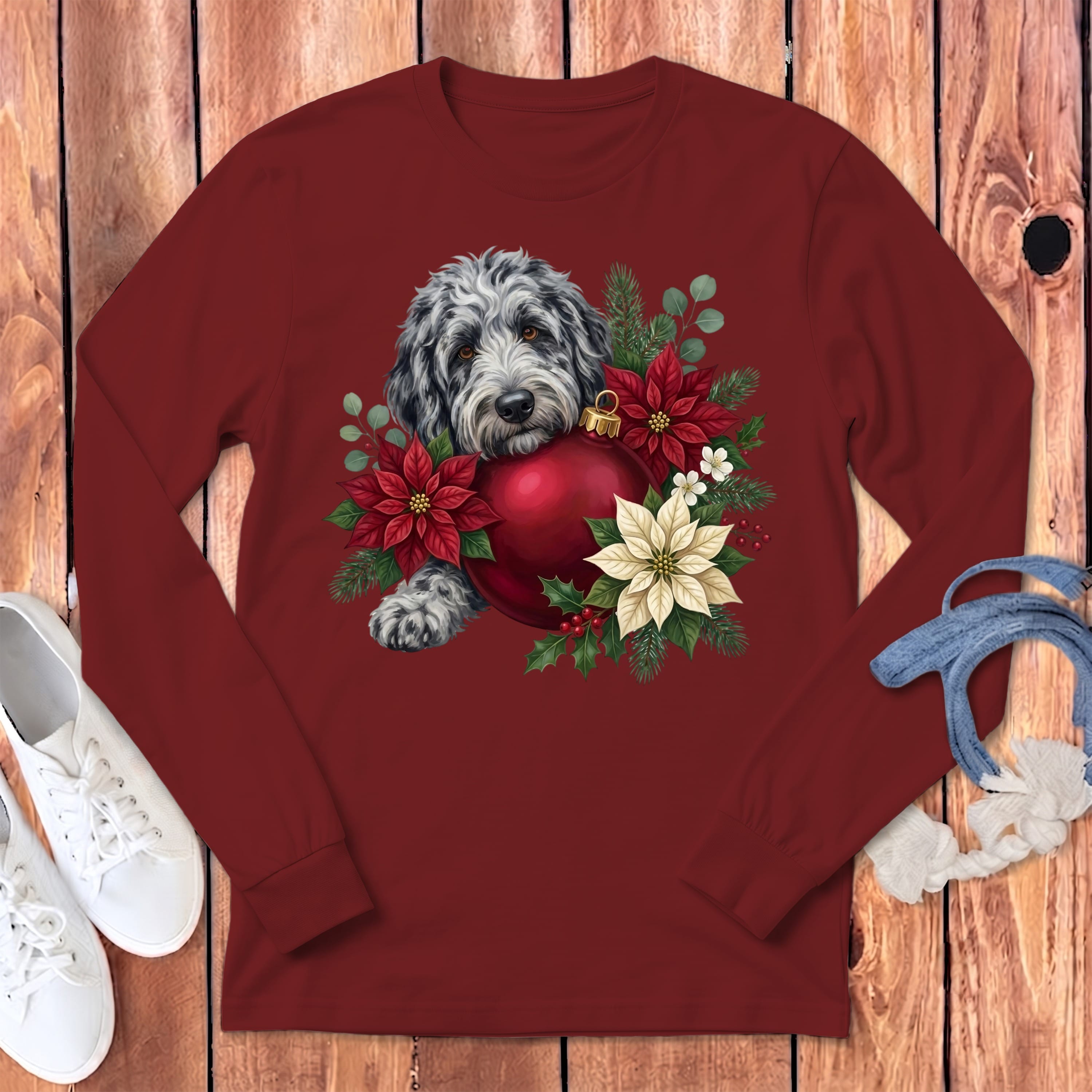 Merle Goldendoodle Holiday Cheer Long Sleeve T-Shirt in Cardinal / S by Puppy Jo