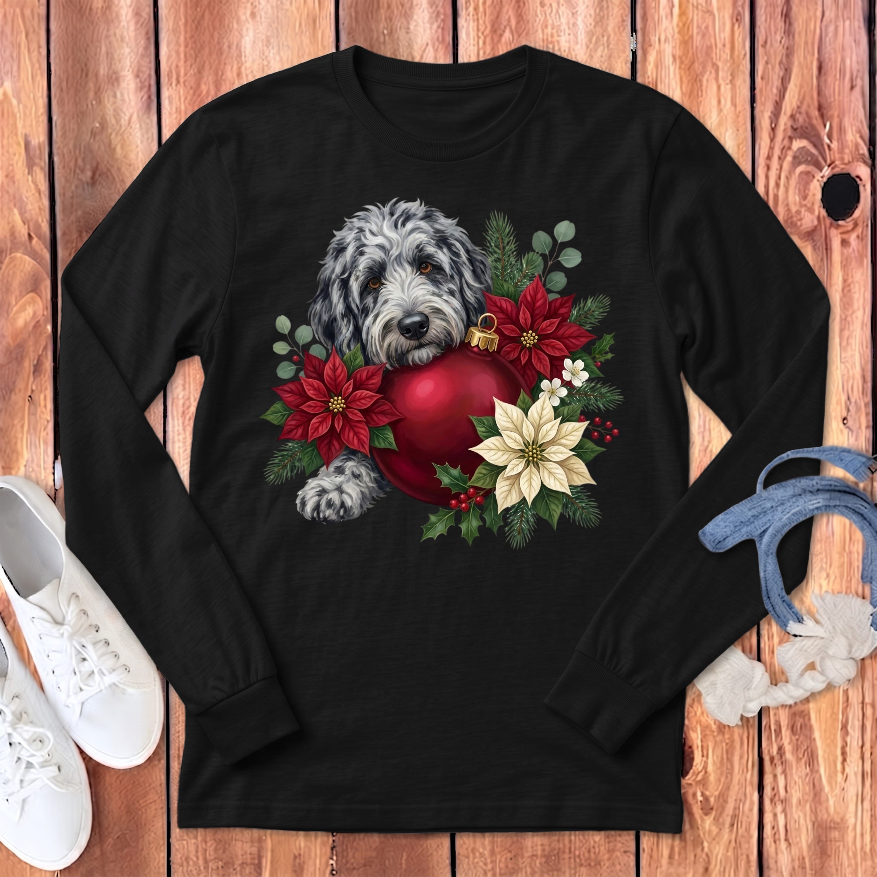 Merle Goldendoodle Holiday Cheer Long Sleeve T-Shirt in Dark Grey Heather / S by Puppy Jo