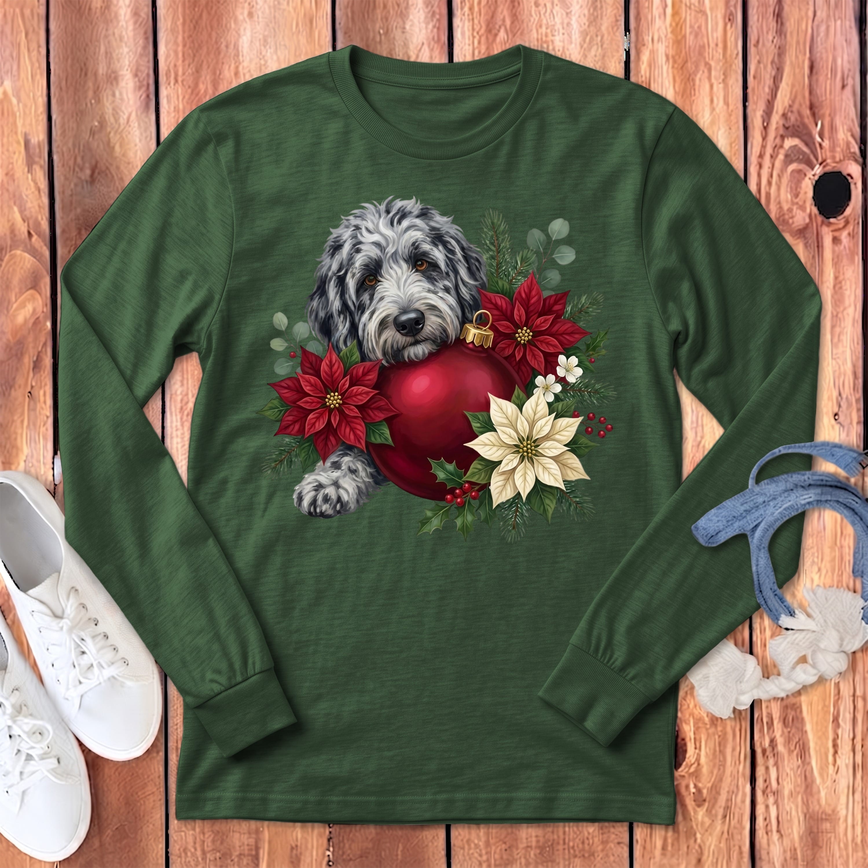 Merle Goldendoodle Holiday Cheer Long Sleeve T-Shirt in Heather Forest / S by Puppy Jo