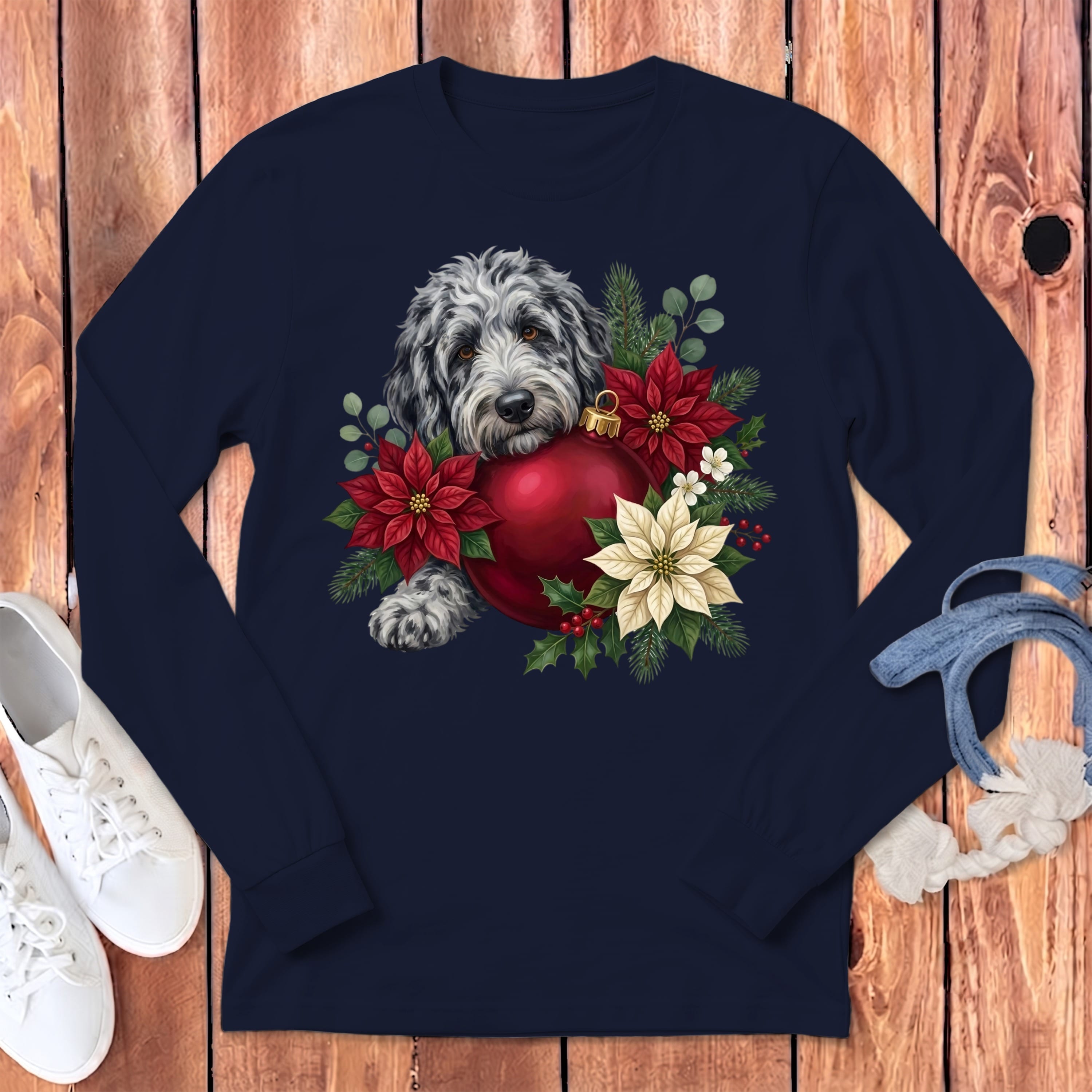 Merle Goldendoodle Holiday Cheer Long Sleeve T-Shirt in Navy / S by Puppy Jo