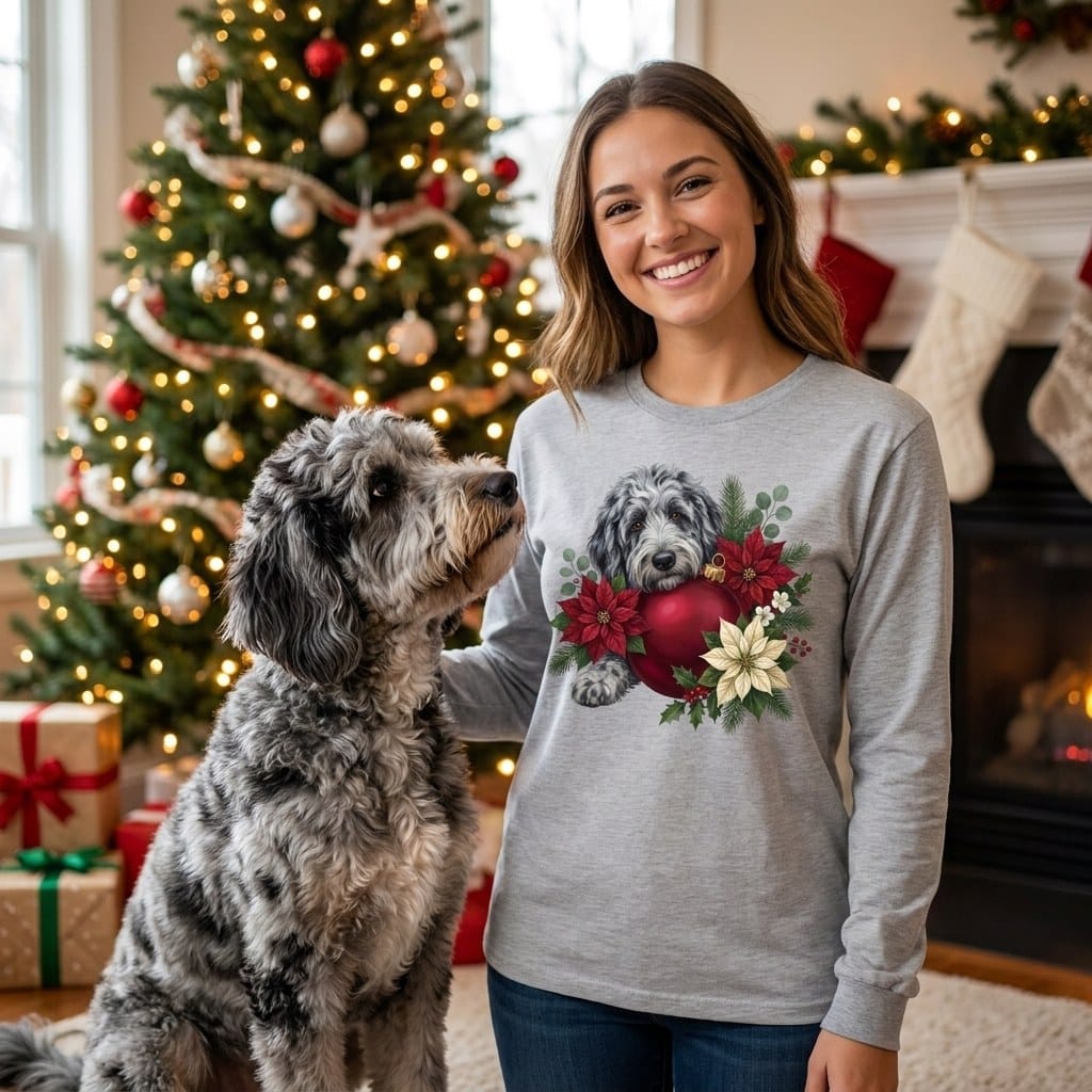 Merle Goldendoodle Holiday Cheer Long Sleeve T-Shirt in by Puppy Jo