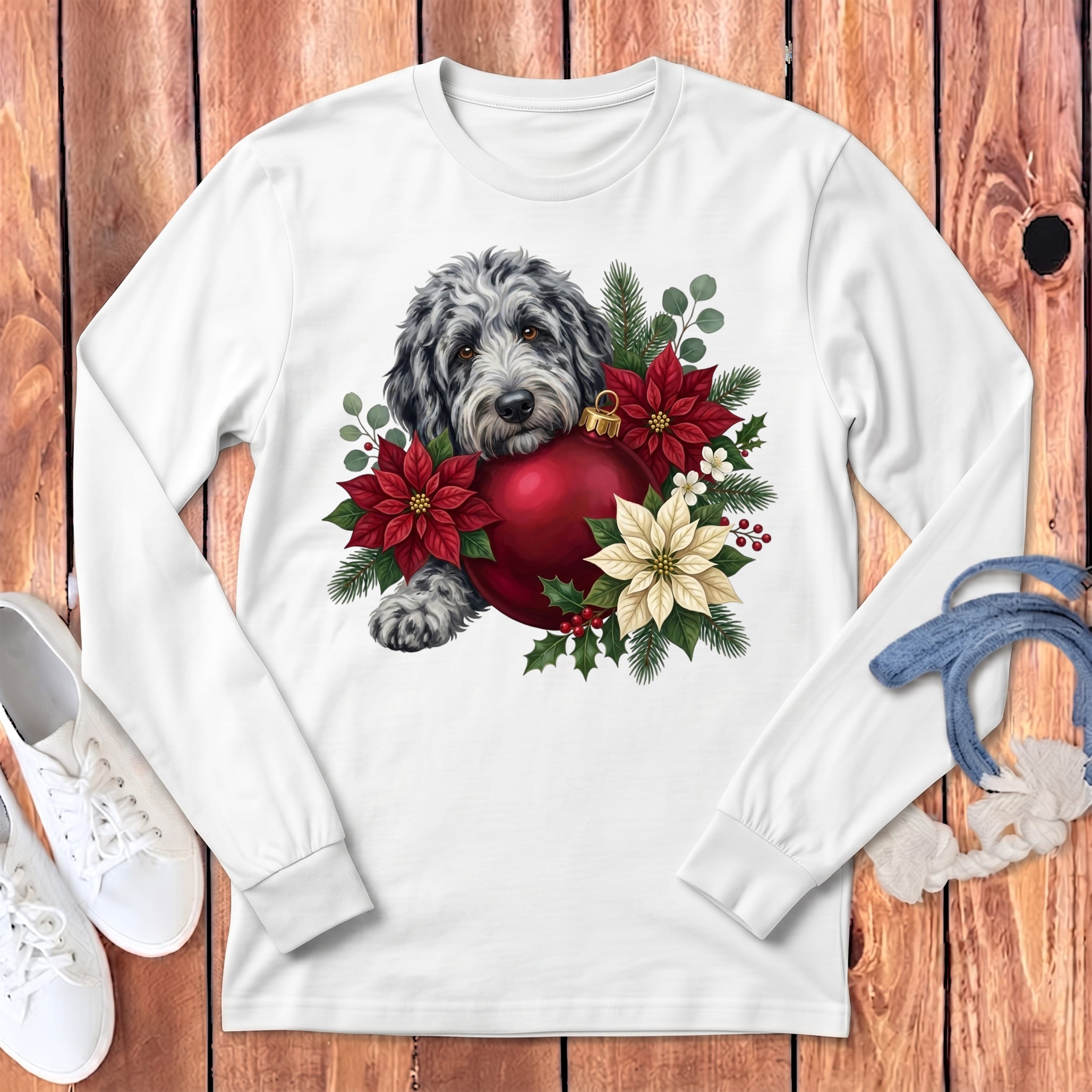 Merle Goldendoodle Holiday Cheer Long Sleeve T-Shirt in White / S by Puppy Jo