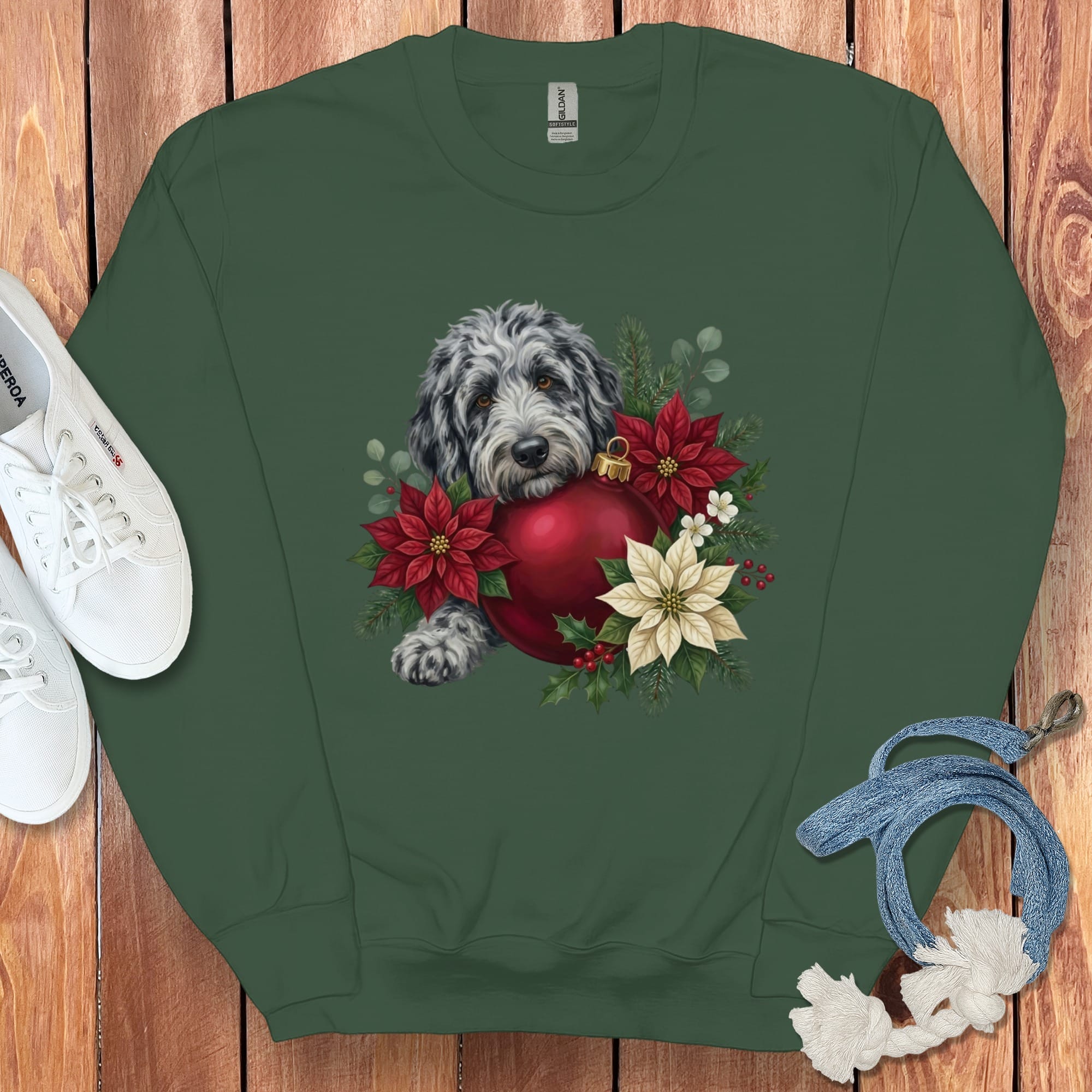 Merle Goldendoodle Holiday Cheer Sweatshirt in Forest Green / S by Puppy Jo