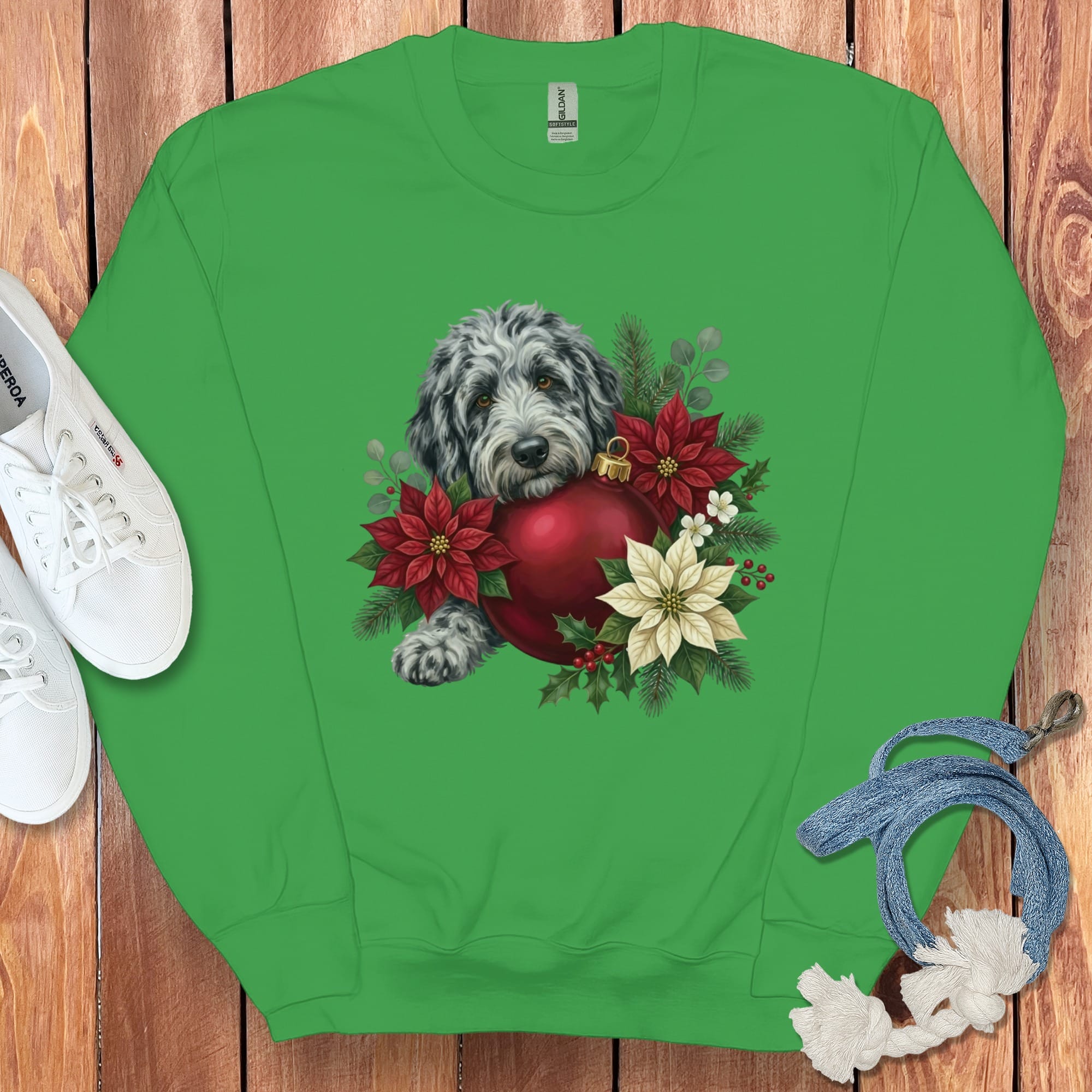Merle Goldendoodle Holiday Cheer Sweatshirt in Irish Green / S by Puppy Jo