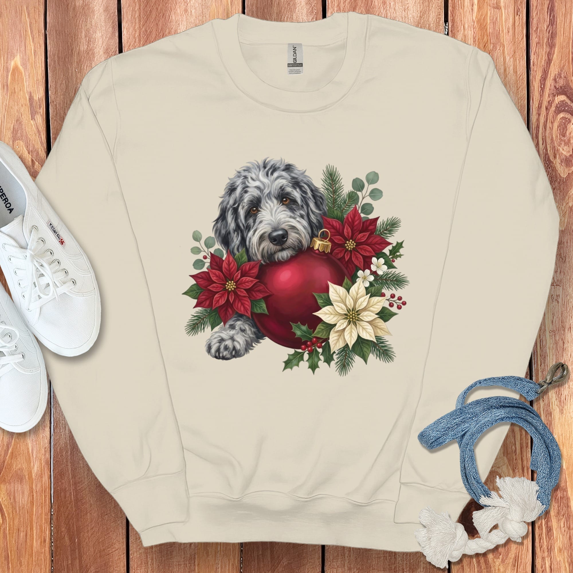 Merle Goldendoodle Holiday Cheer Sweatshirt in Sand / S by Puppy Jo