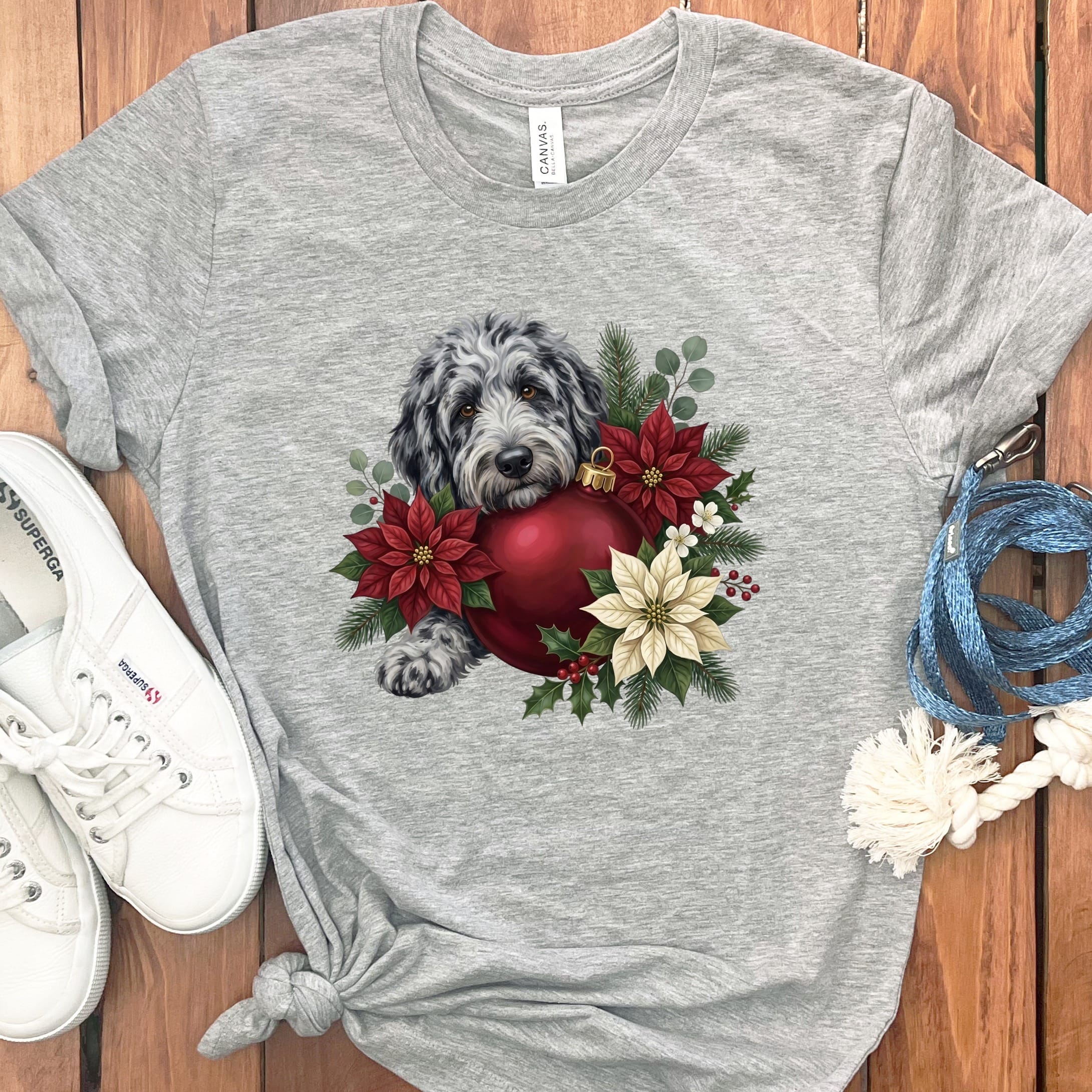 Merle Goldendoodle Holiday Cheer T-Shirt in Athletic Heather / S by Puppy Jo