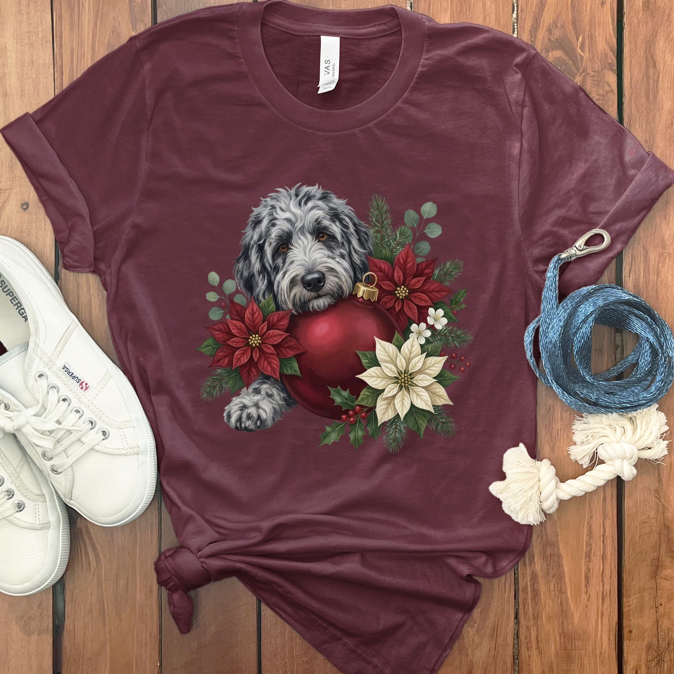 Merle Goldendoodle Holiday Cheer T-Shirt in Maroon / S by Puppy Jo