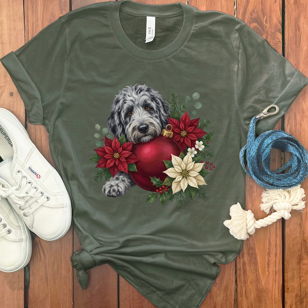 Merle Goldendoodle Holiday Cheer T-Shirt in Military Green / S by Puppy Jo
