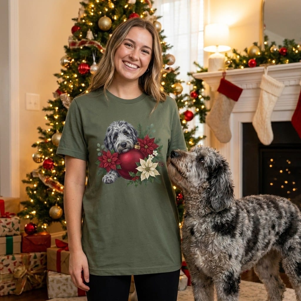 Merle Goldendoodle Holiday Cheer T-Shirt in by Puppy Jo