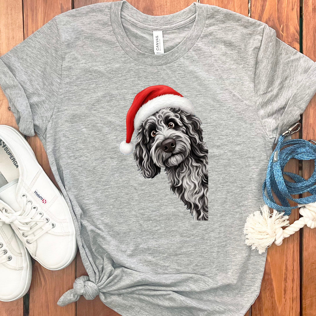 Merle Goldendoodle Holiday Santa T-Shirt in Athletic Heather / S by Puppy Jo