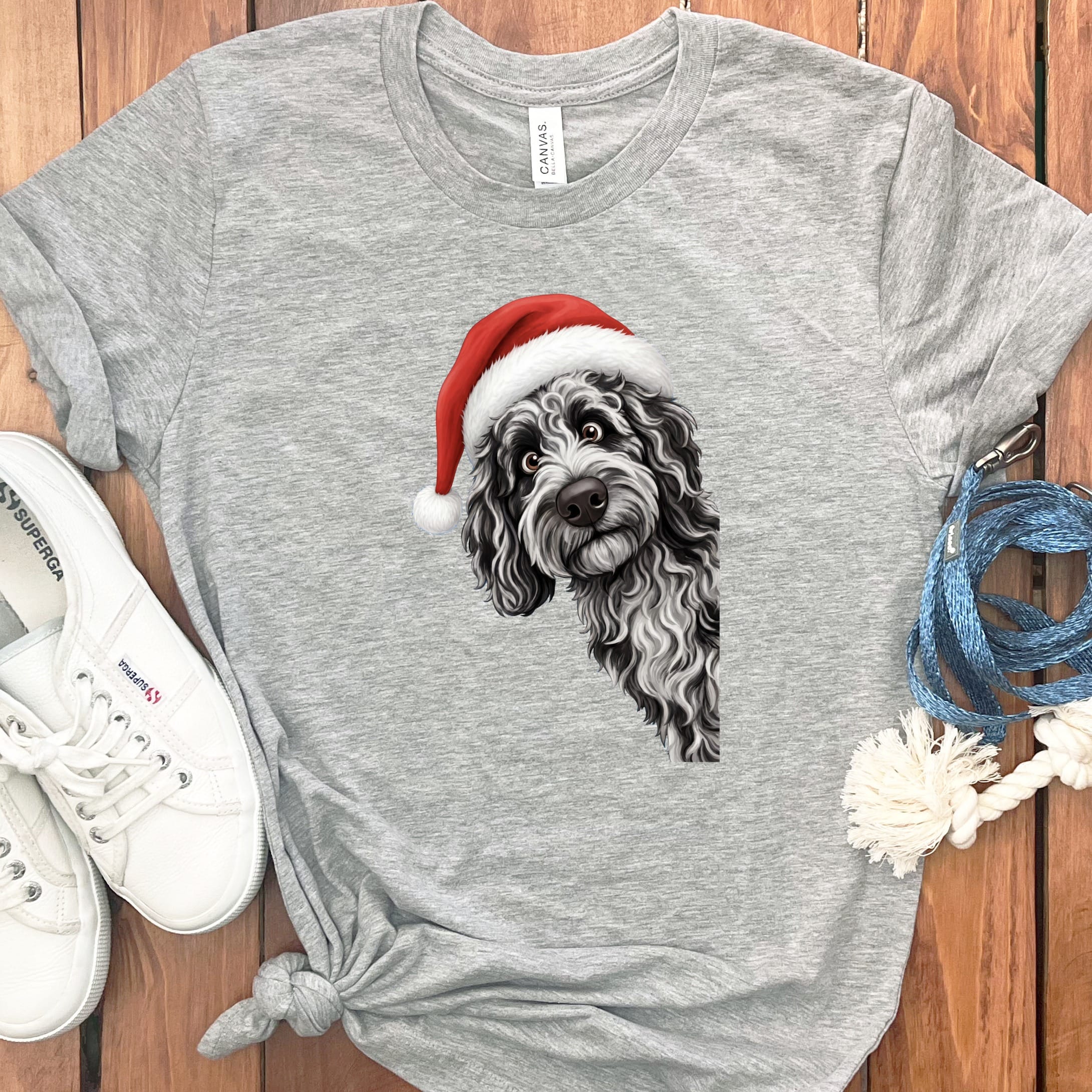 Merle Goldendoodle Holiday Santa T-Shirt in Athletic Heather / S by Puppy Jo