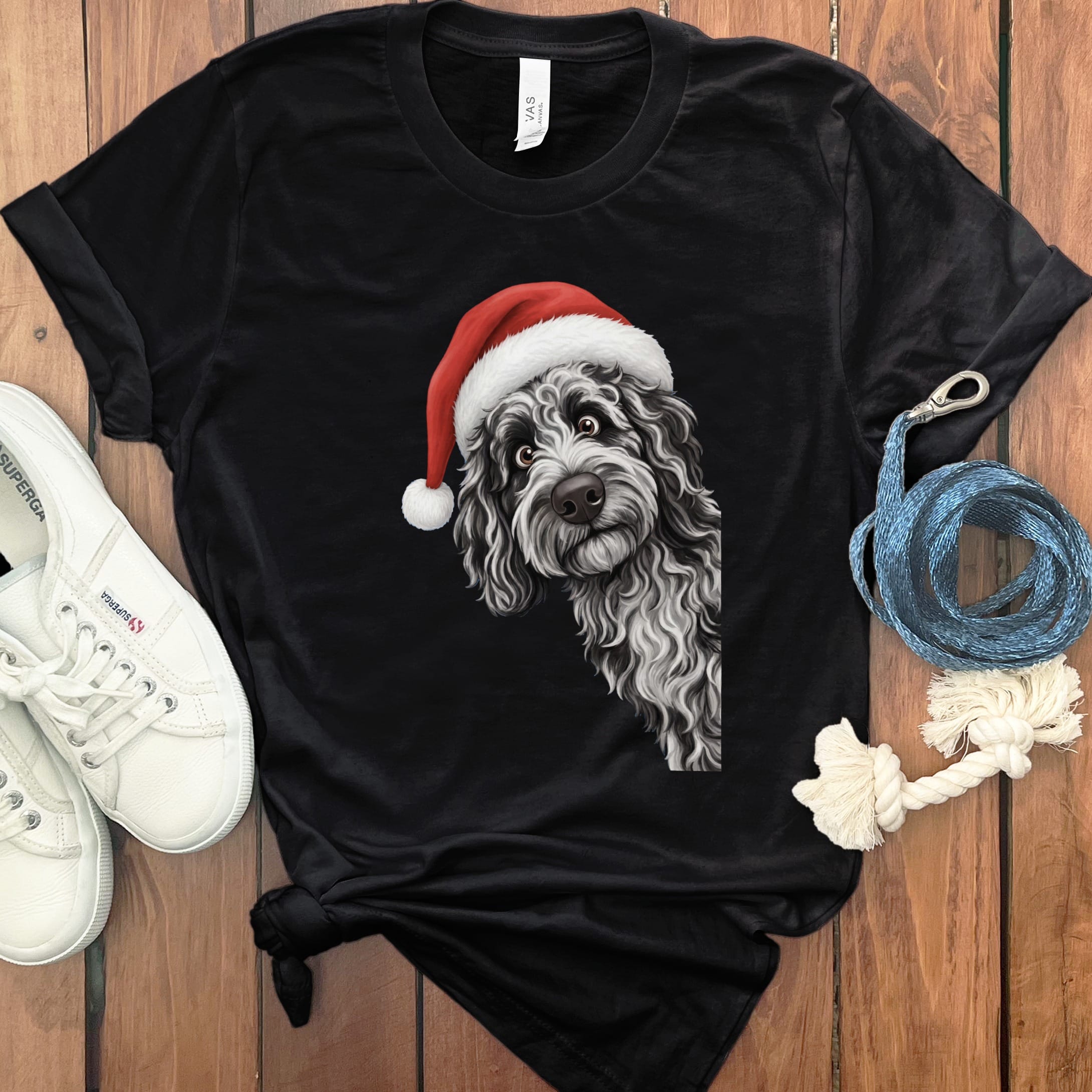Merle Goldendoodle Holiday Santa T-Shirt in Black / S by Puppy Jo