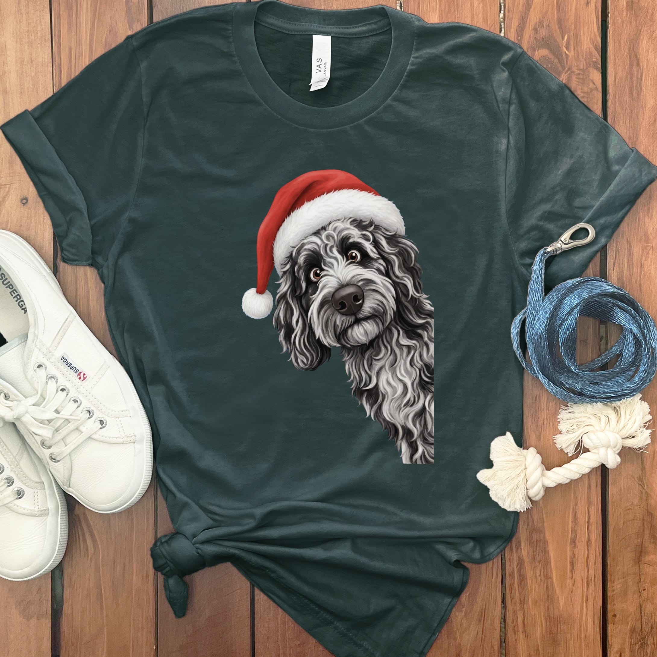 Merle Goldendoodle Holiday Santa T-Shirt in Forest / S by Puppy Jo