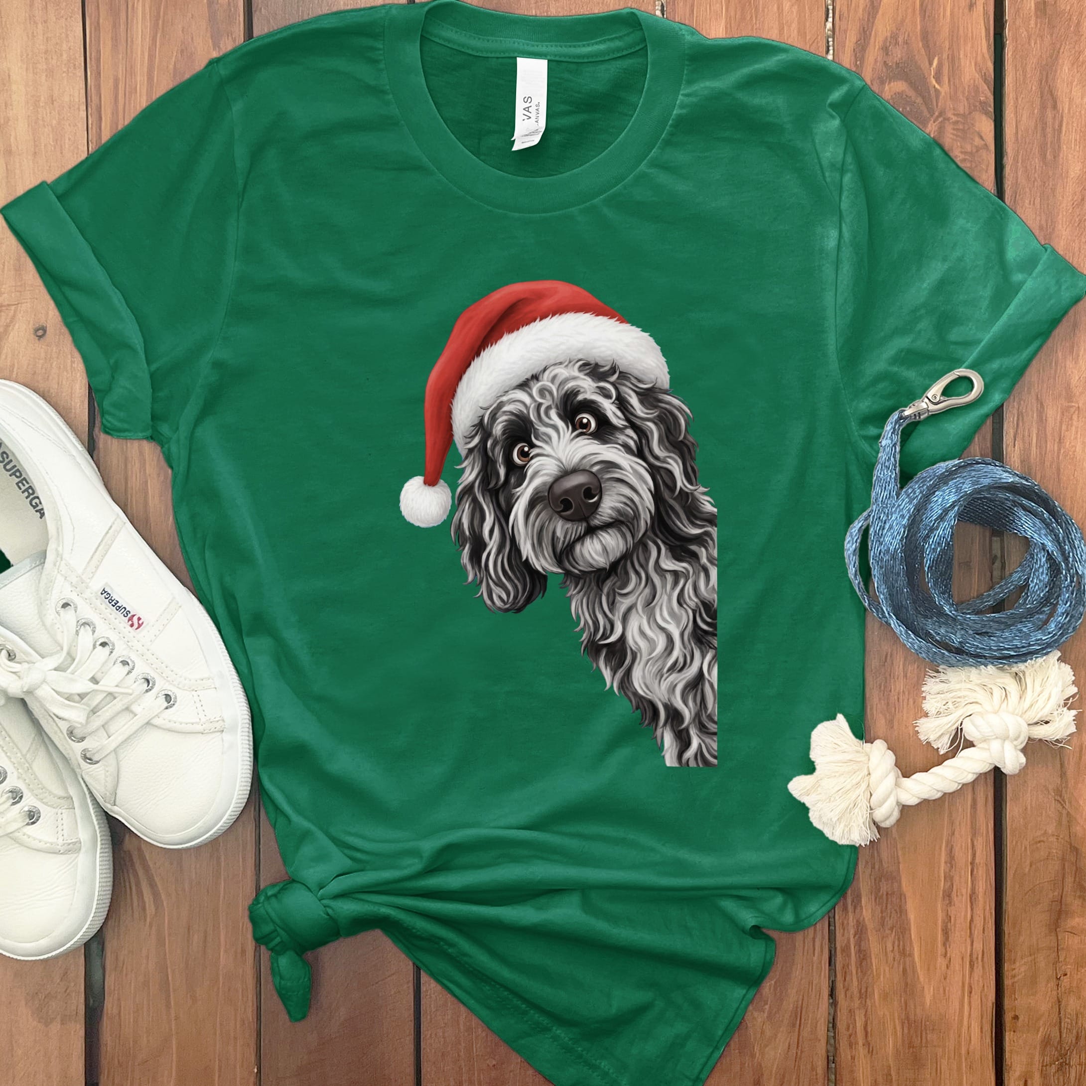 Merle Goldendoodle Holiday Santa T-Shirt in Kelly / S by Puppy Jo