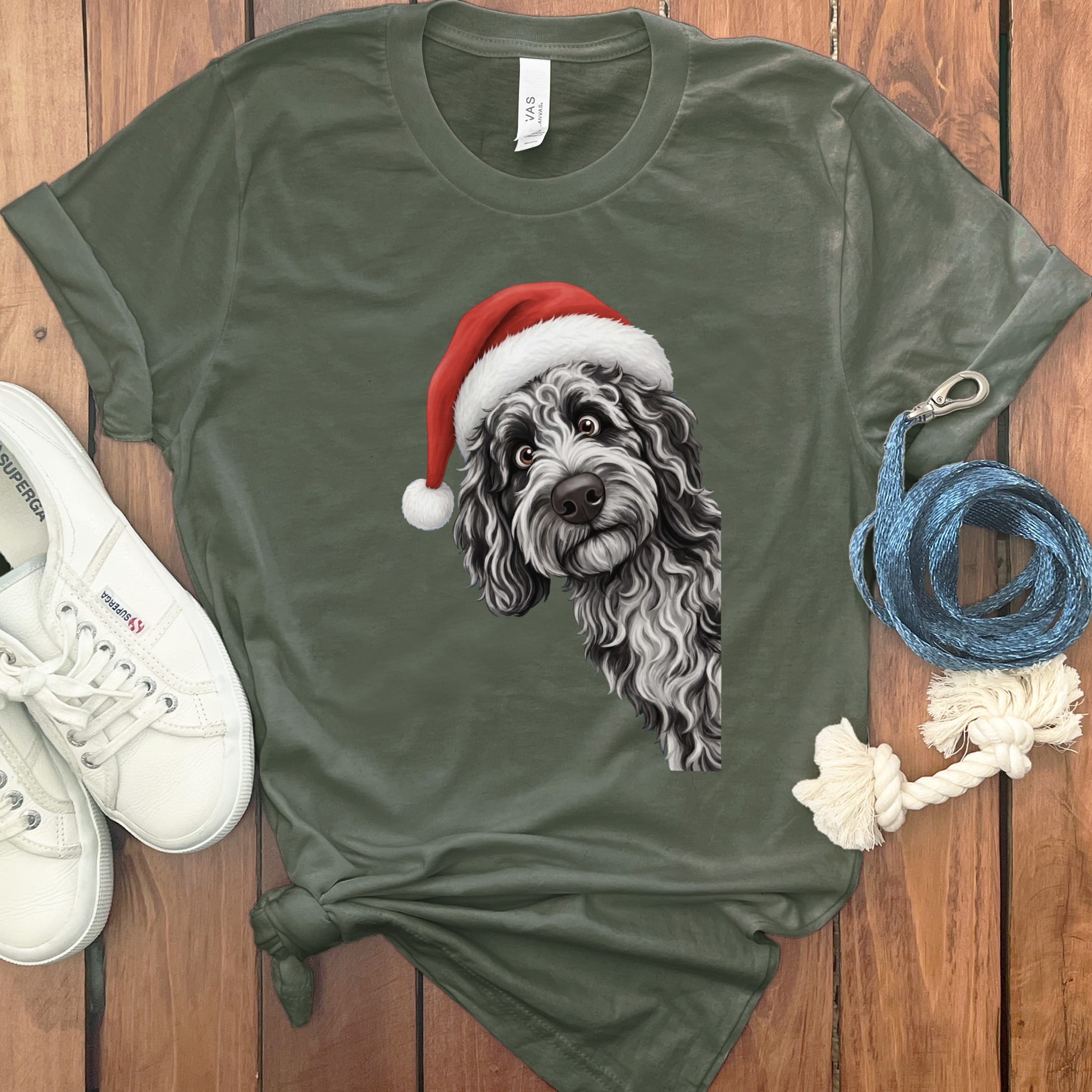 Merle Goldendoodle Holiday Santa T-Shirt in Military Green / S by Puppy Jo