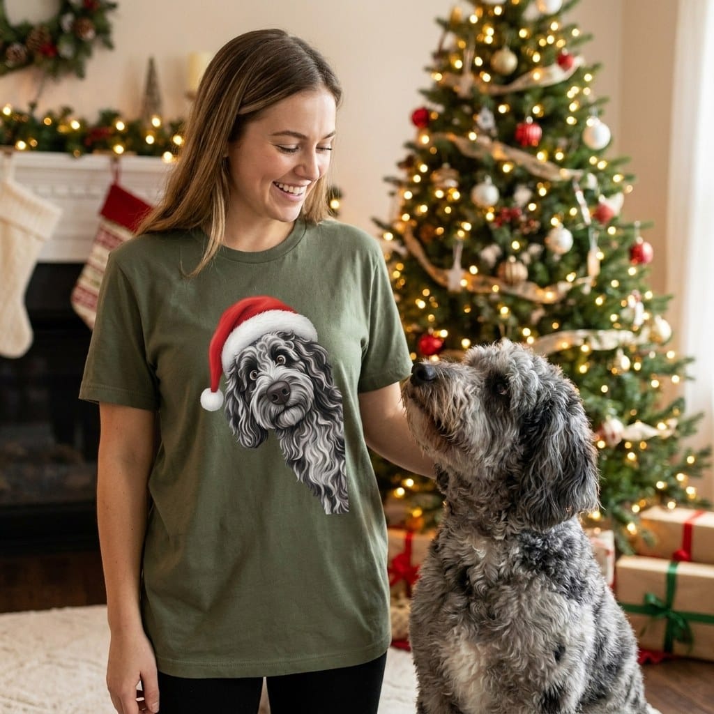 Merle Goldendoodle Holiday Santa T-Shirt in by Puppy Jo