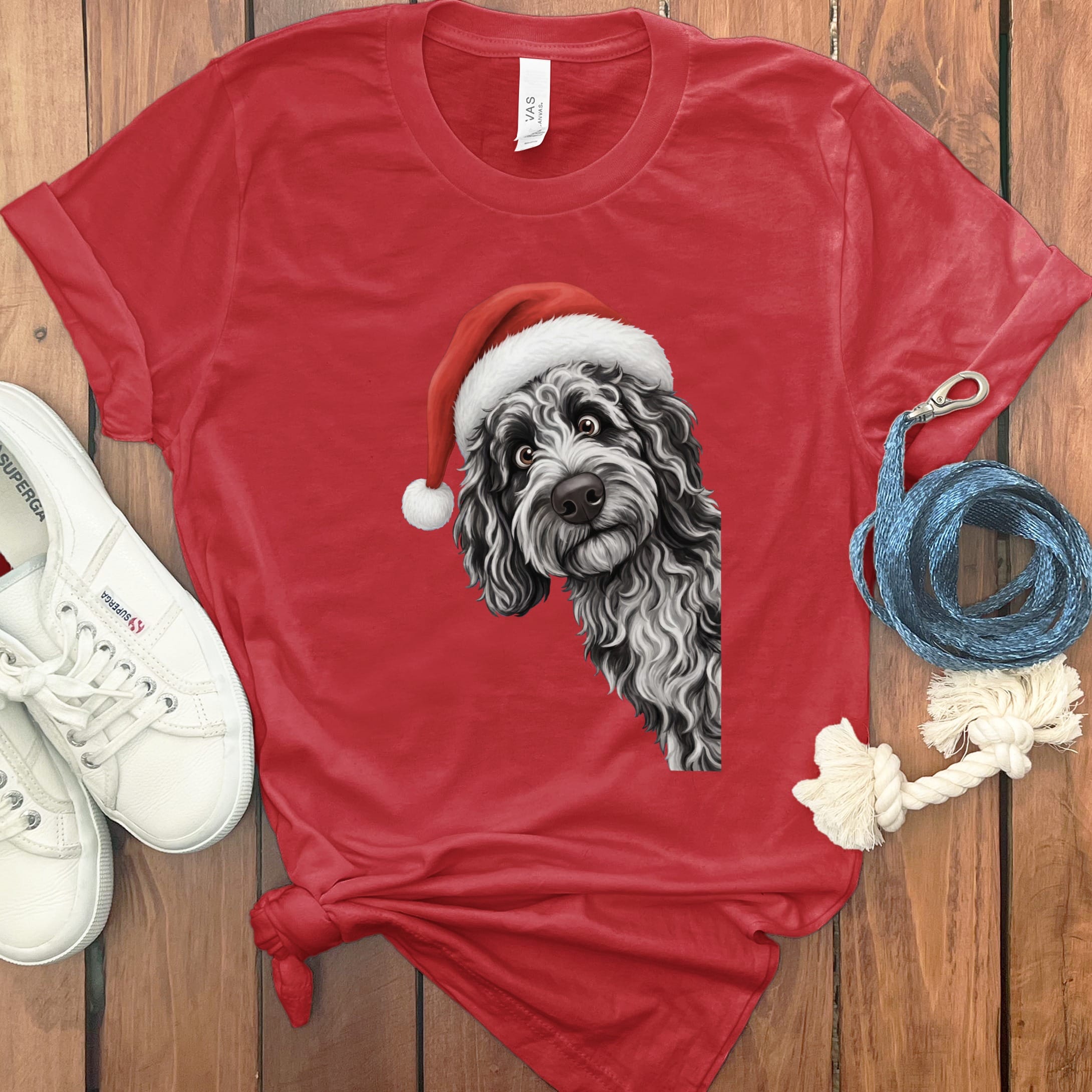 Merle Goldendoodle Holiday Santa T-Shirt in Red / S by Puppy Jo