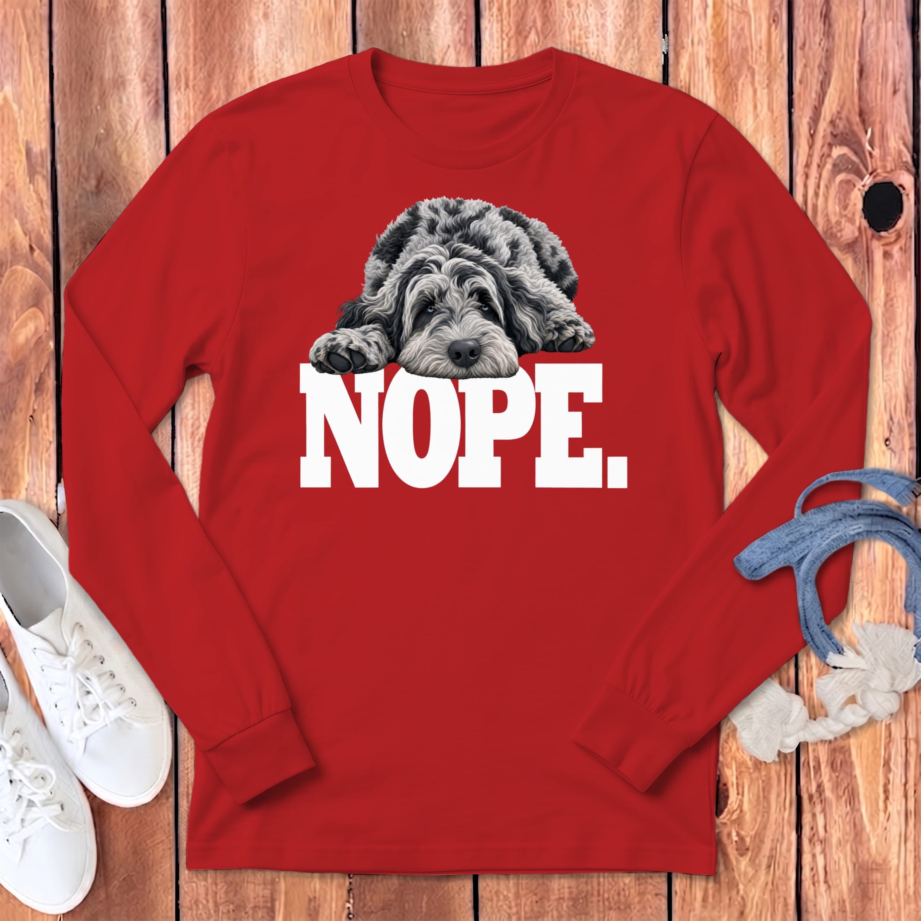 Merle Goldendoodle Labradoodle Nope Long Sleeve T-Shirt in Red / S by Puppy Jo