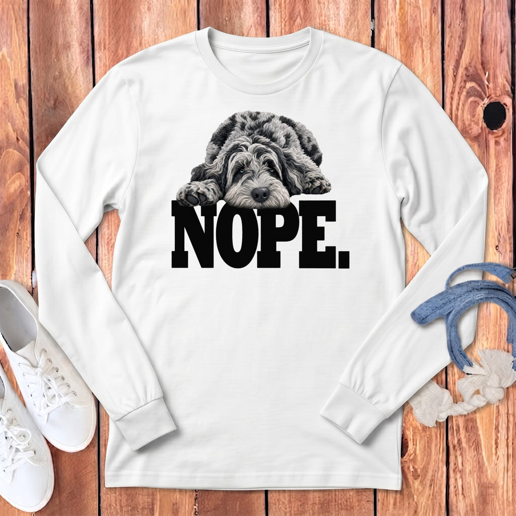 Merle Goldendoodle Labradoodle Nope Long Sleeve T-Shirt in White / S by Puppy Jo
