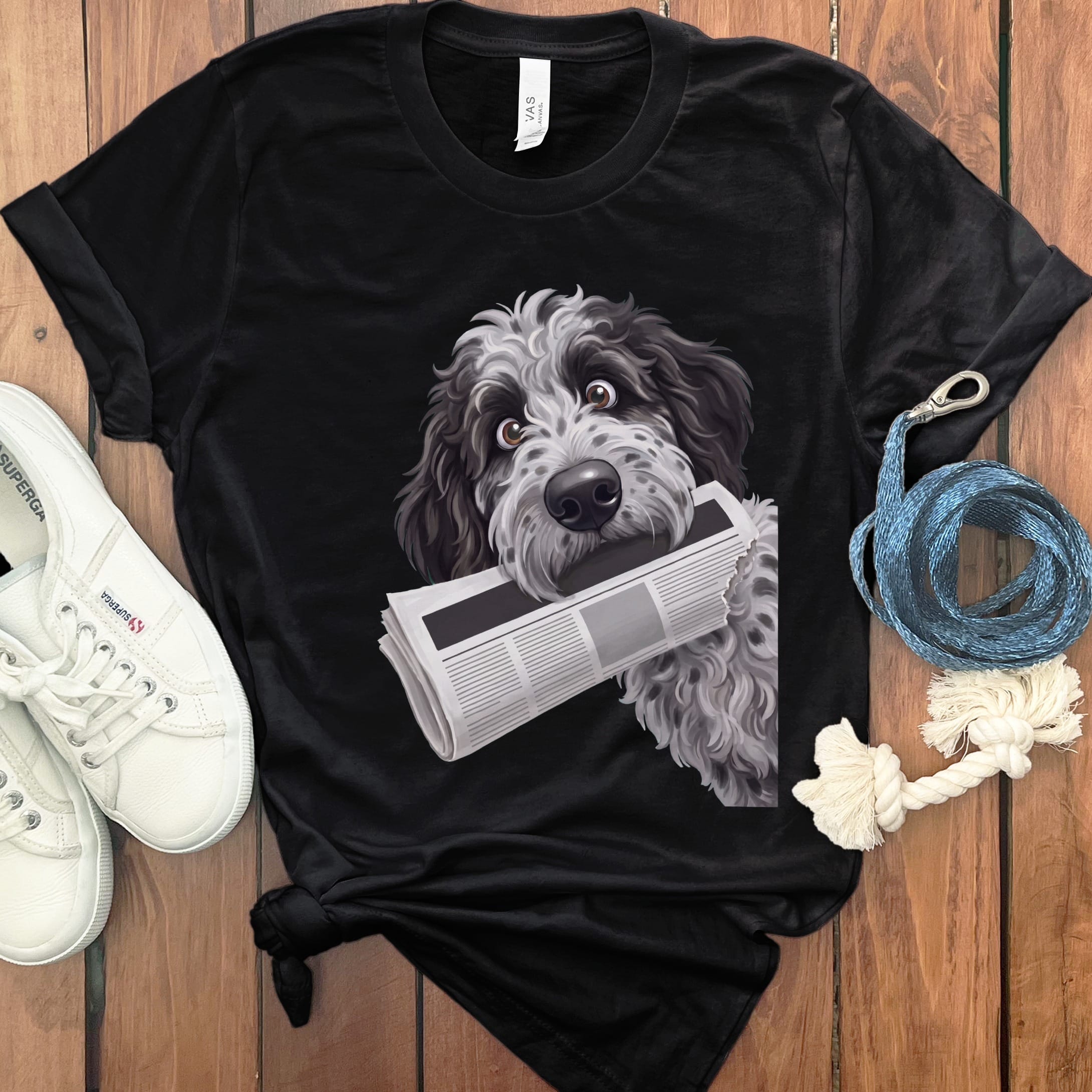 Merle Goldendoodle Newspaper T-Shirt in S / Black by Puppy Jo