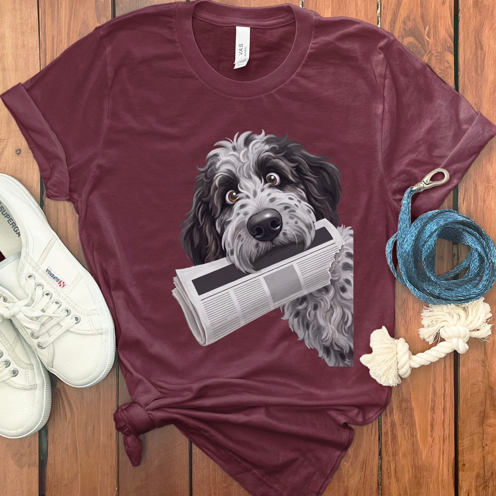 Merle Goldendoodle Newspaper T-Shirt in S / Maroon by Puppy Jo