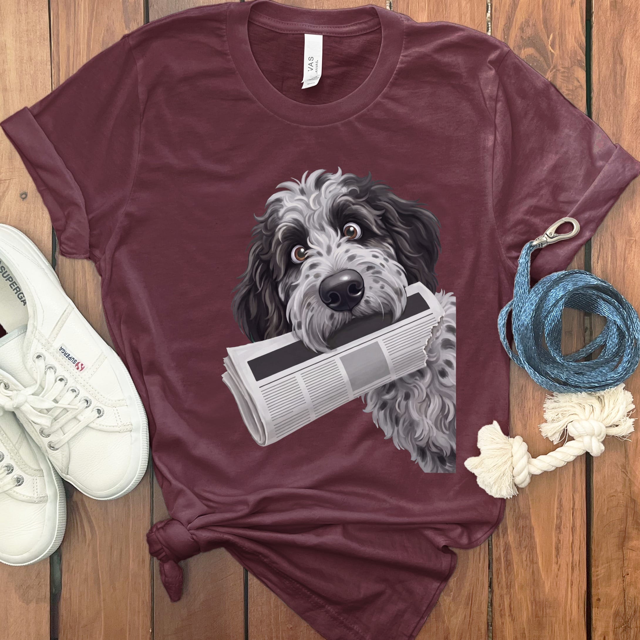 Merle Goldendoodle Newspaper T-Shirt in S / Maroon by Puppy Jo