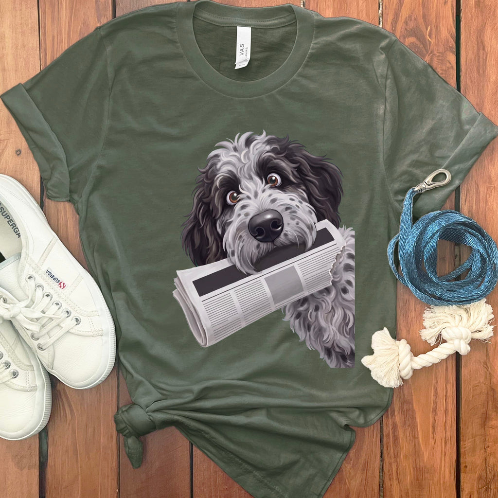 Merle Goldendoodle Newspaper T-Shirt in S / Military Green by Puppy Jo