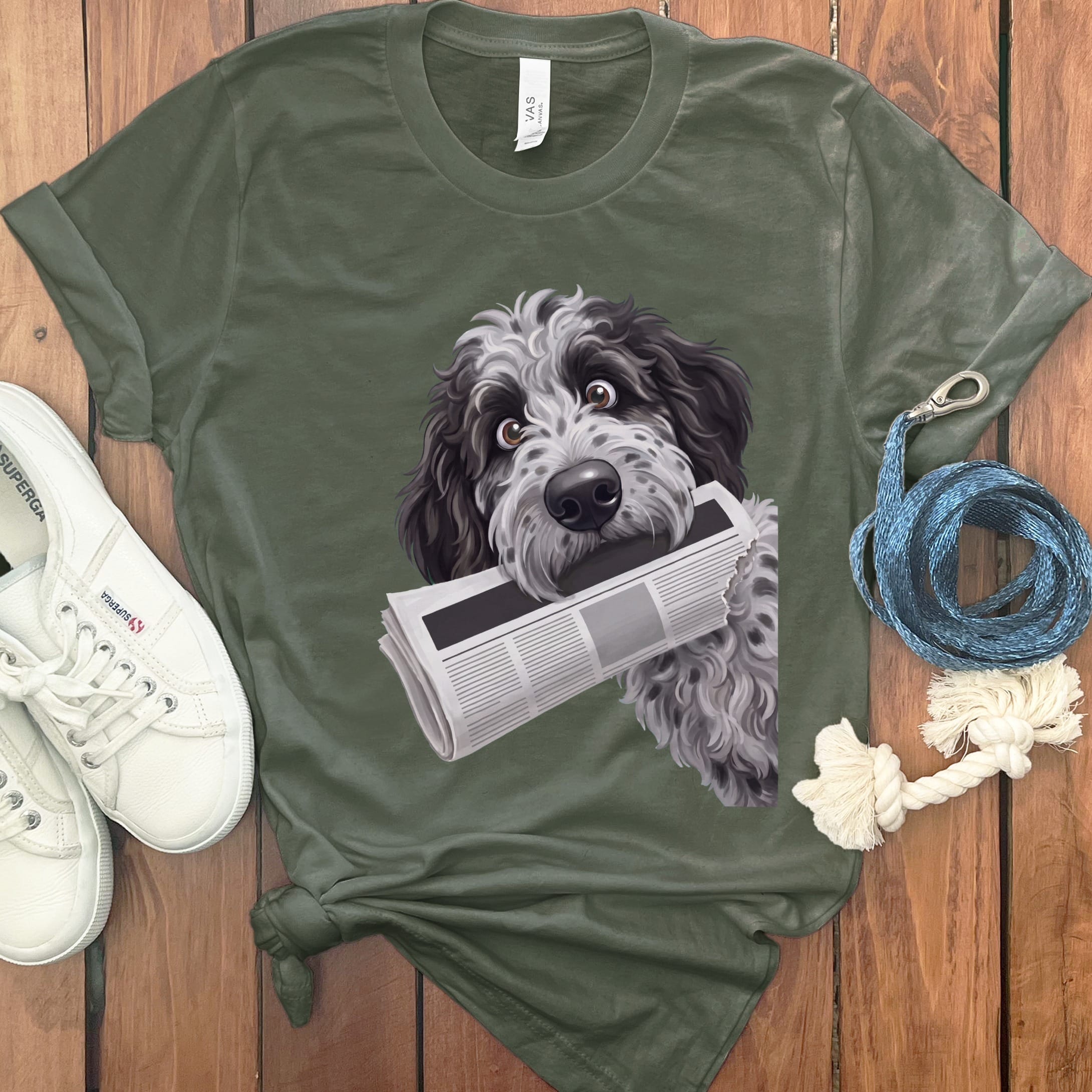 Merle Goldendoodle Newspaper T-Shirt in S / Military Green by Puppy Jo