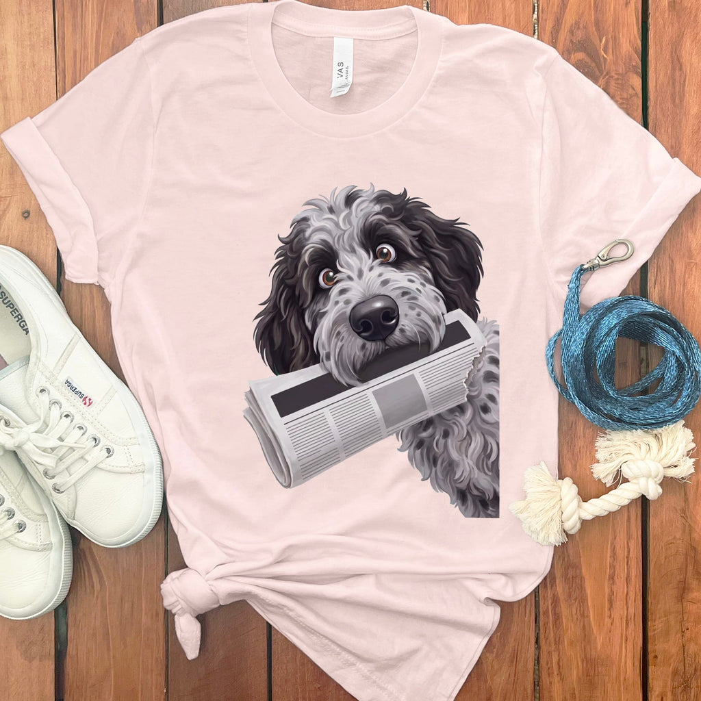 Merle Goldendoodle Newspaper T-Shirt in S / Soft Pink by Puppy Jo