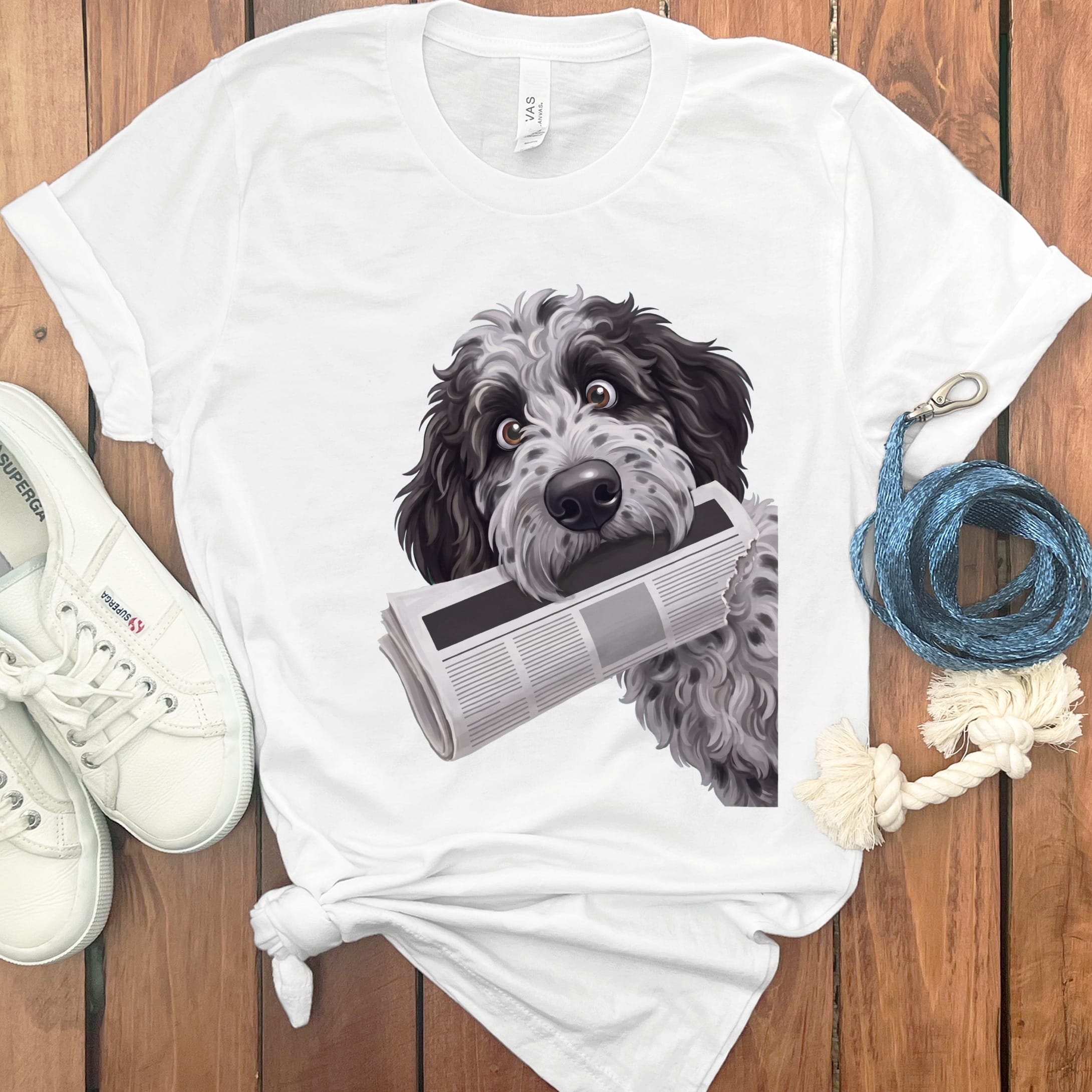 Merle Goldendoodle Newspaper T-Shirt in S / White by Puppy Jo