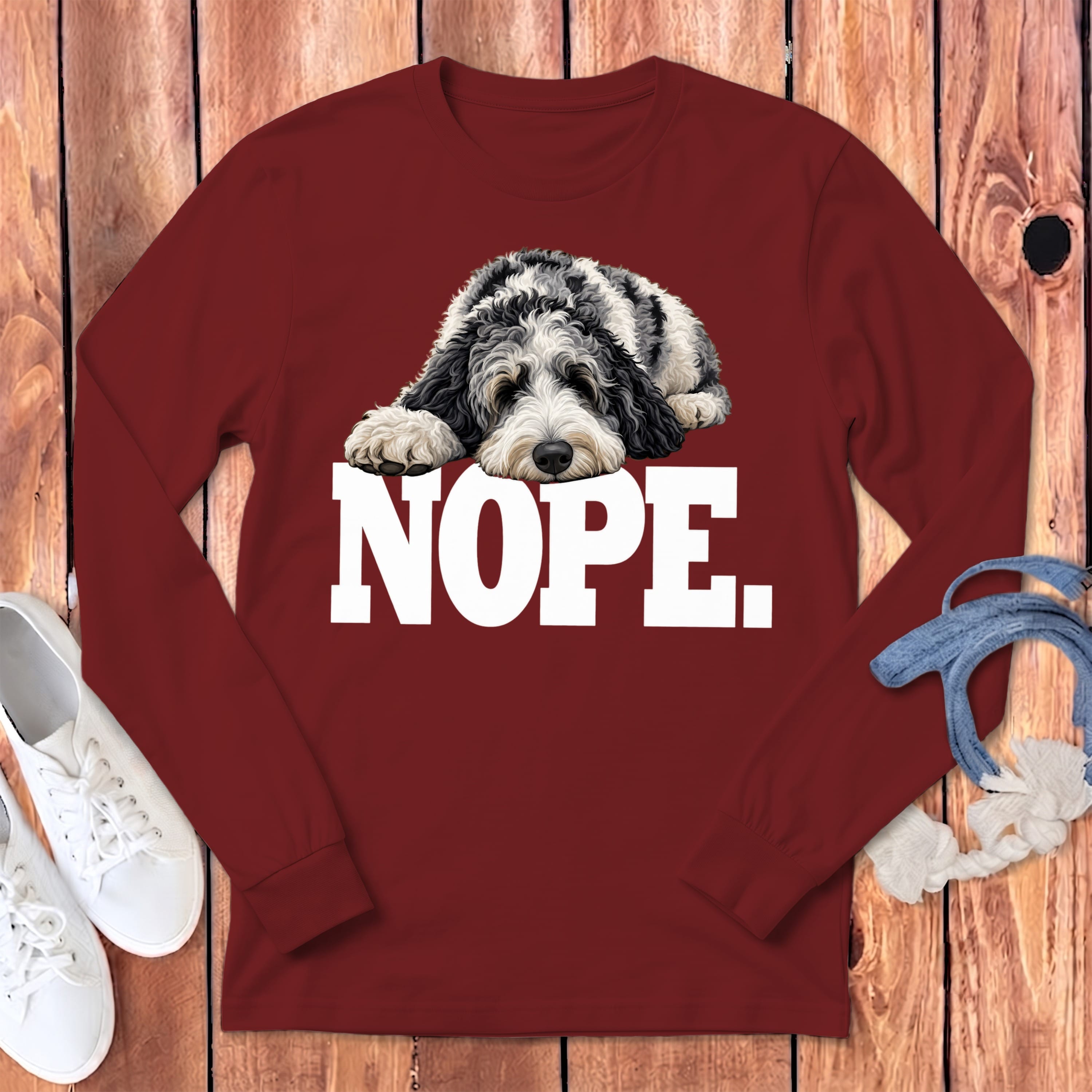Merle Goldendoodle Nope Long Sleeve T-Shirt in Cardinal / S by Puppy Jo