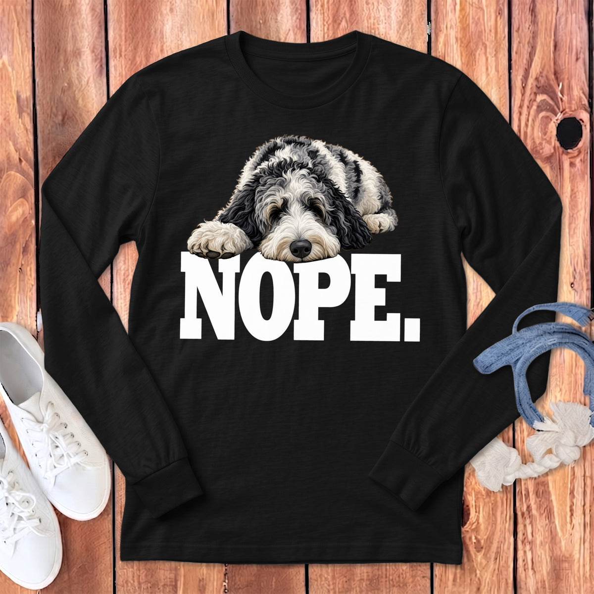 Merle Goldendoodle Nope Long Sleeve T-Shirt in Dark Grey Heather / S by Puppy Jo