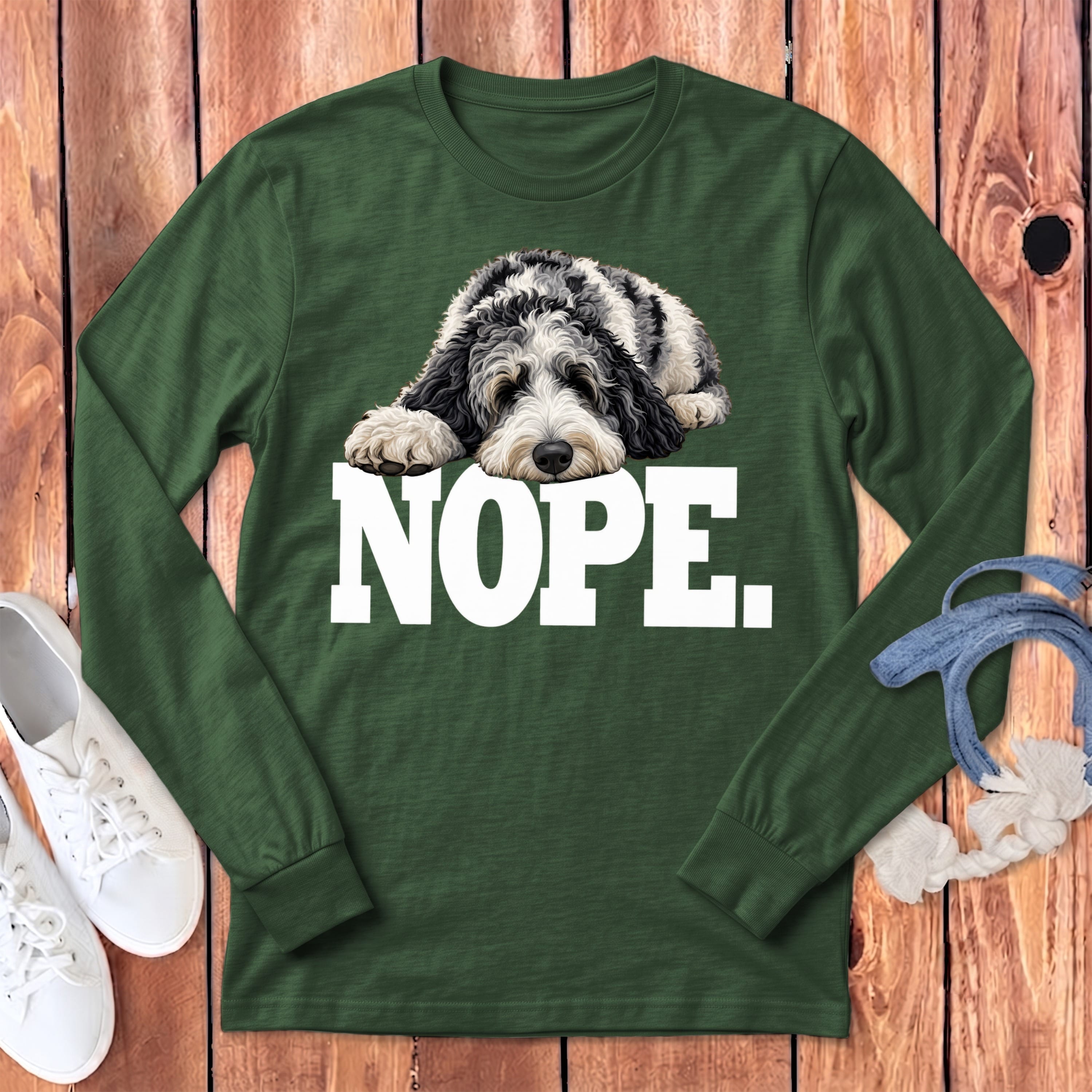 Merle Goldendoodle Nope Long Sleeve T-Shirt in Heather Forest / S by Puppy Jo