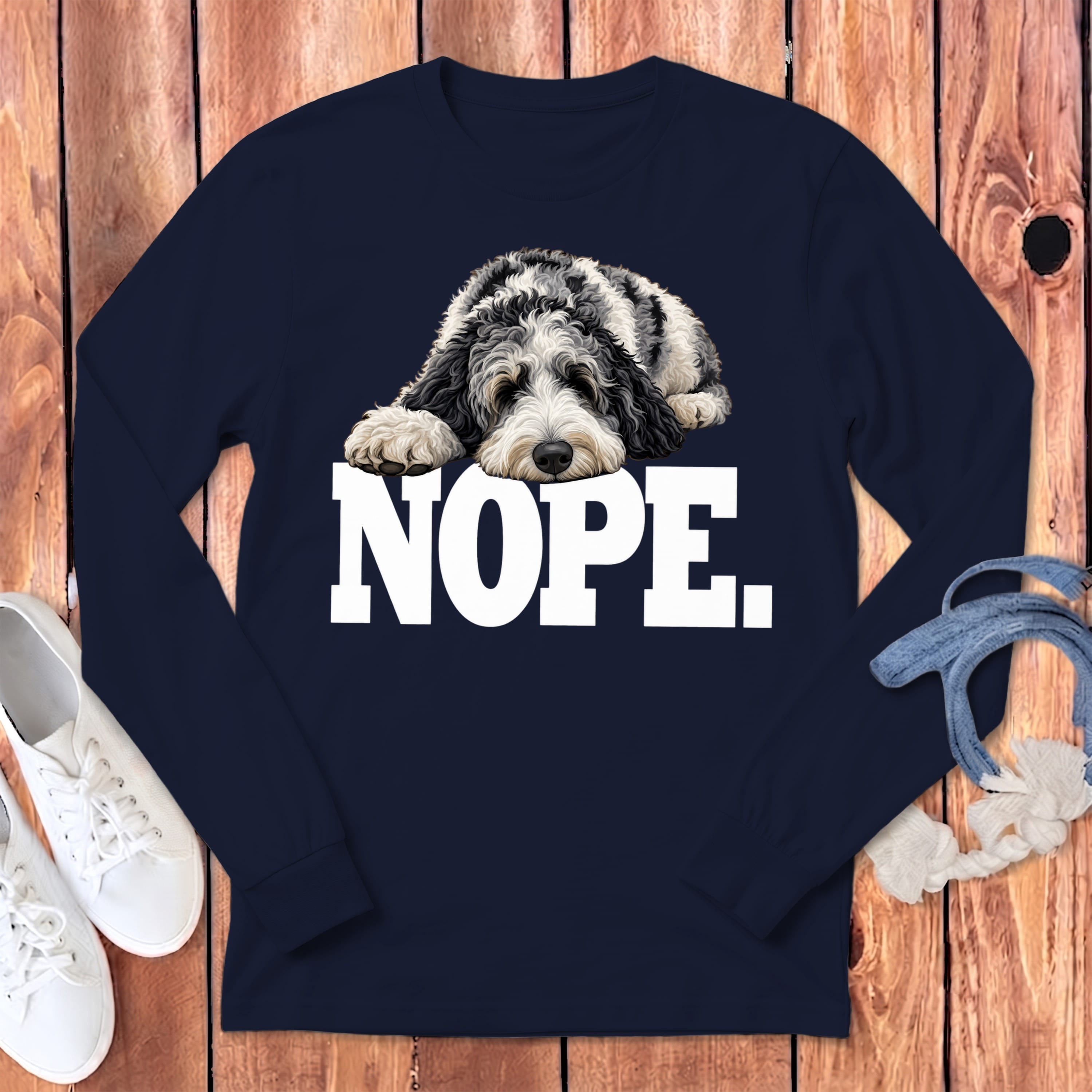 Merle Goldendoodle Nope Long Sleeve T-Shirt in Navy / S by Puppy Jo