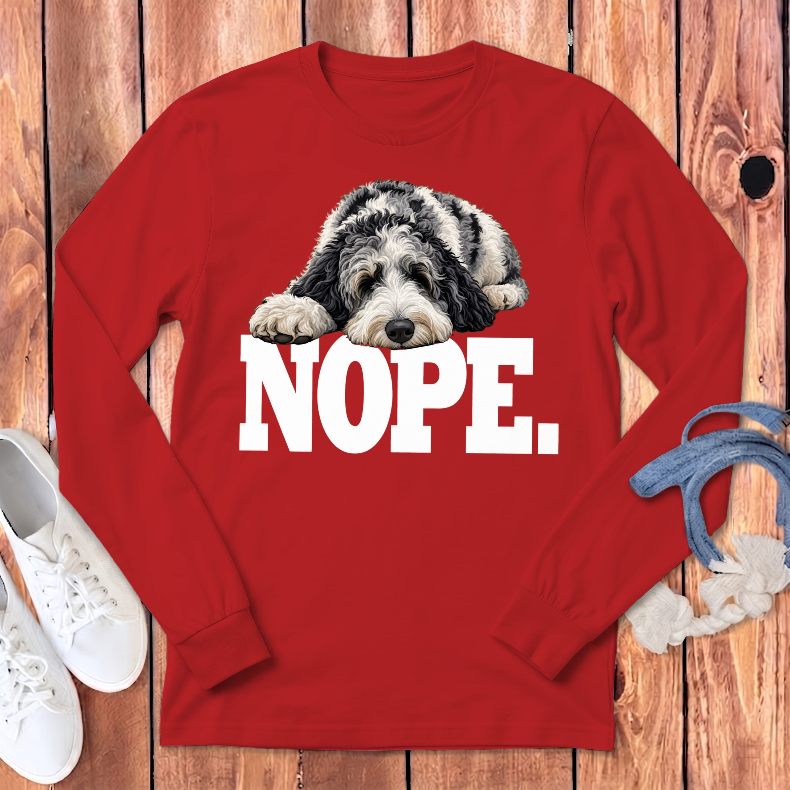 Merle Goldendoodle Nope Long Sleeve T-Shirt in Red / S by Puppy Jo