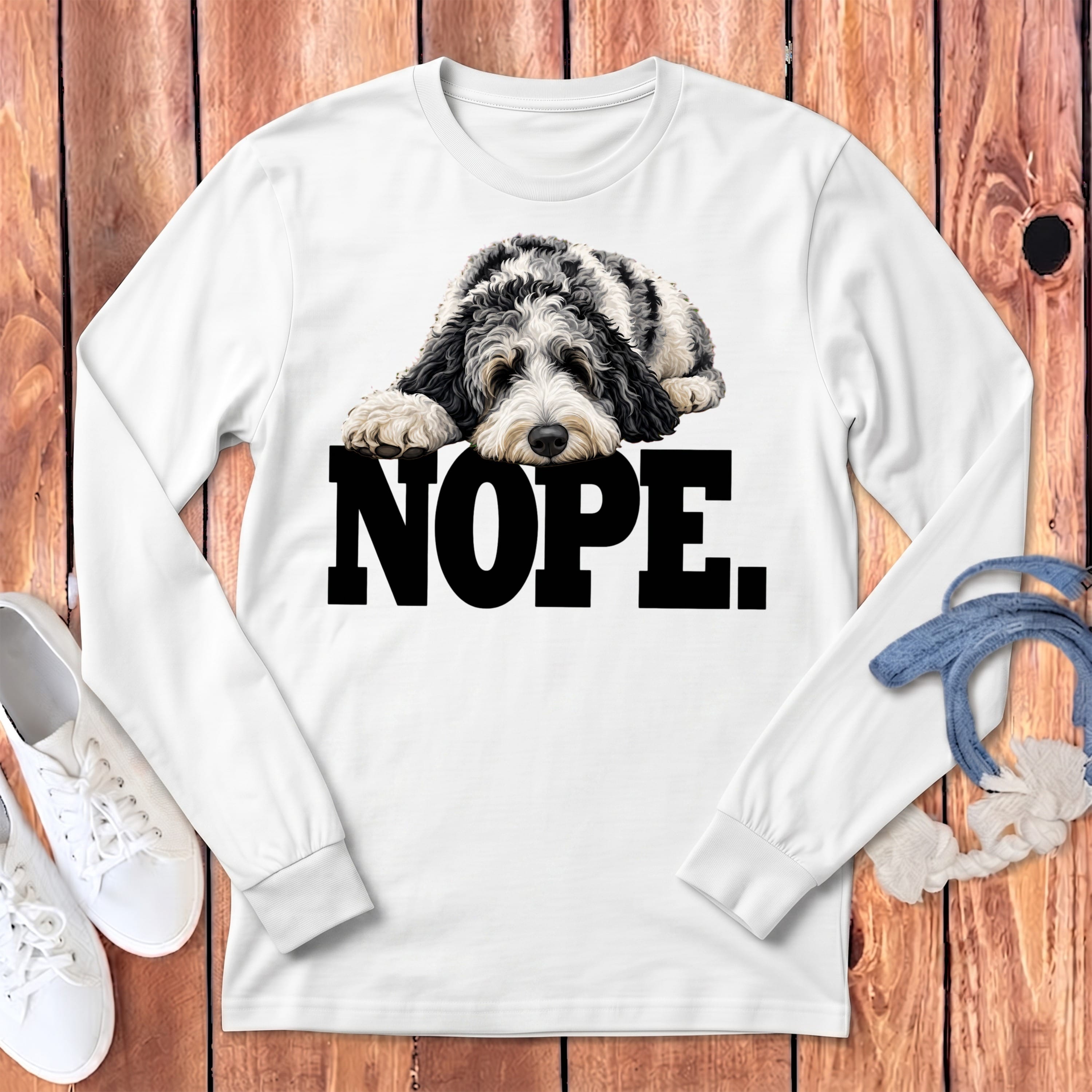 Merle Goldendoodle Nope Long Sleeve T-Shirt in White / S by Puppy Jo