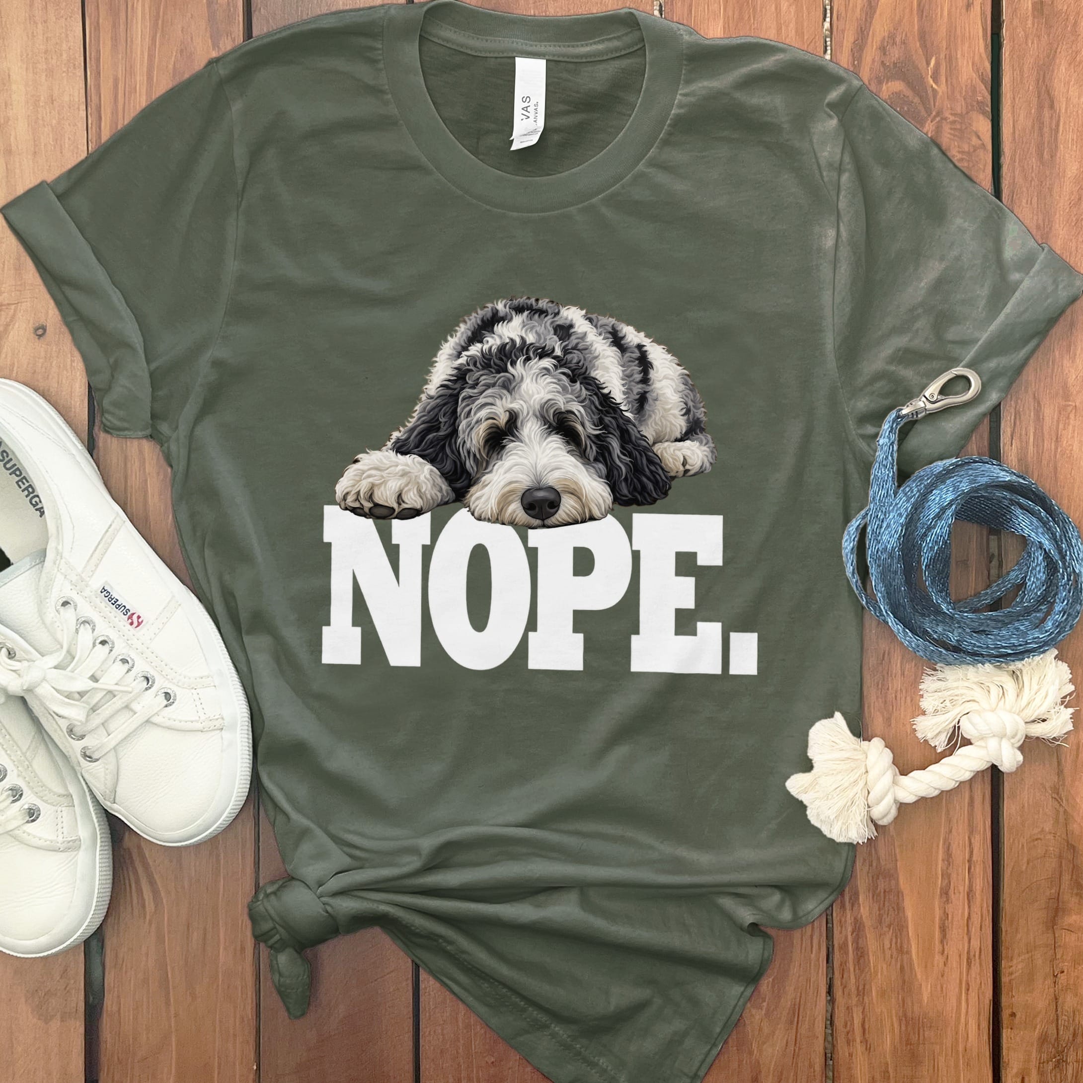 Merle Goldendoodle Nope T-Shirt in Military Green / S by Puppy Jo