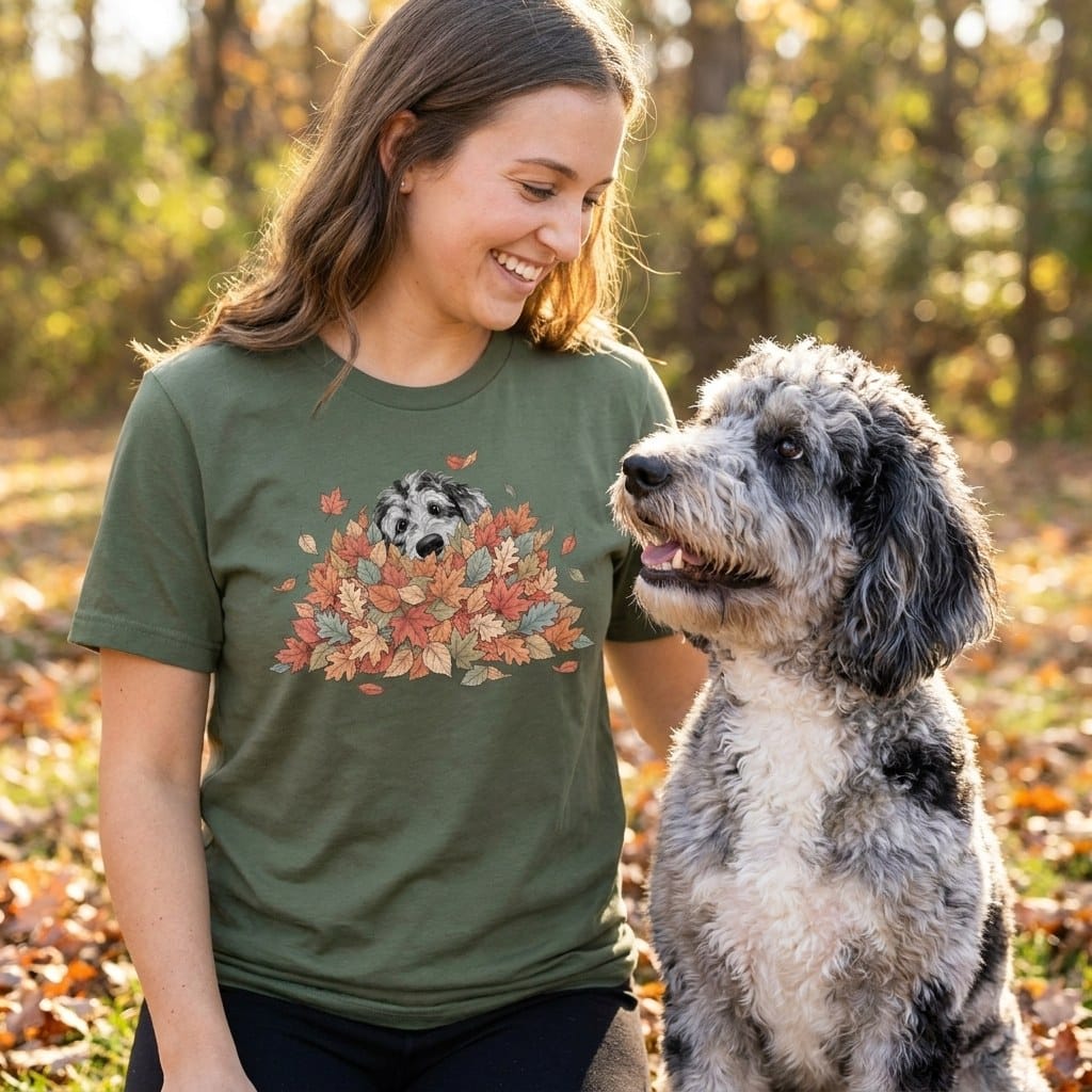 Merle Goldendoodle Peeking Leaf Pile T-Shirt in by Puppy Jo