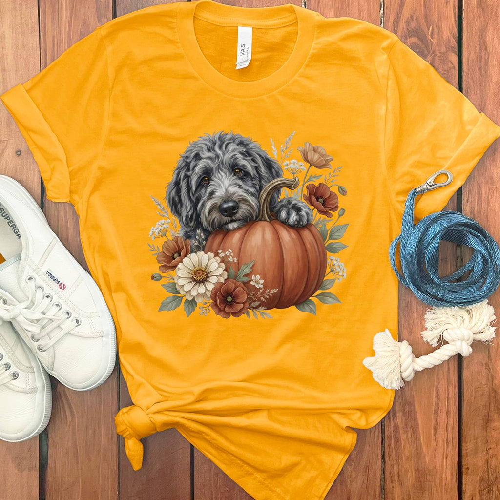 Merle Goldendoodle Pumpkin Hug T-Shirt in Gold / S by Puppy Jo