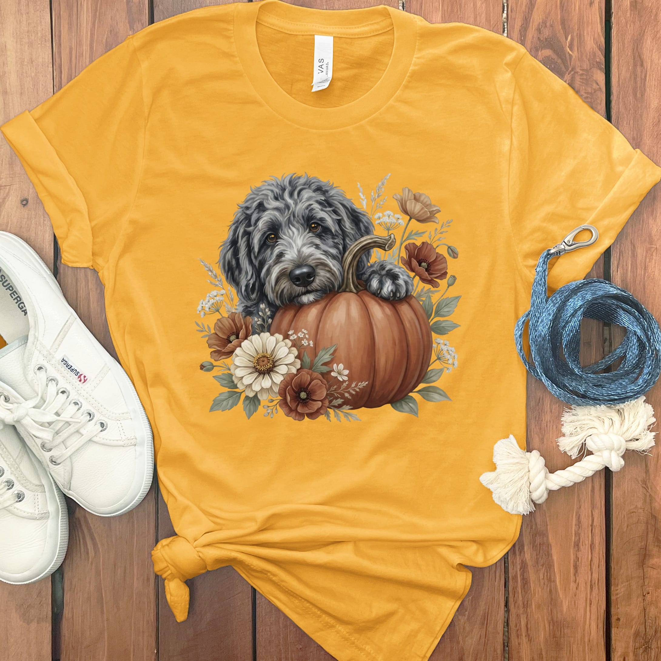 Merle Goldendoodle Pumpkin Hug T-Shirt in Gold / S by Puppy Jo