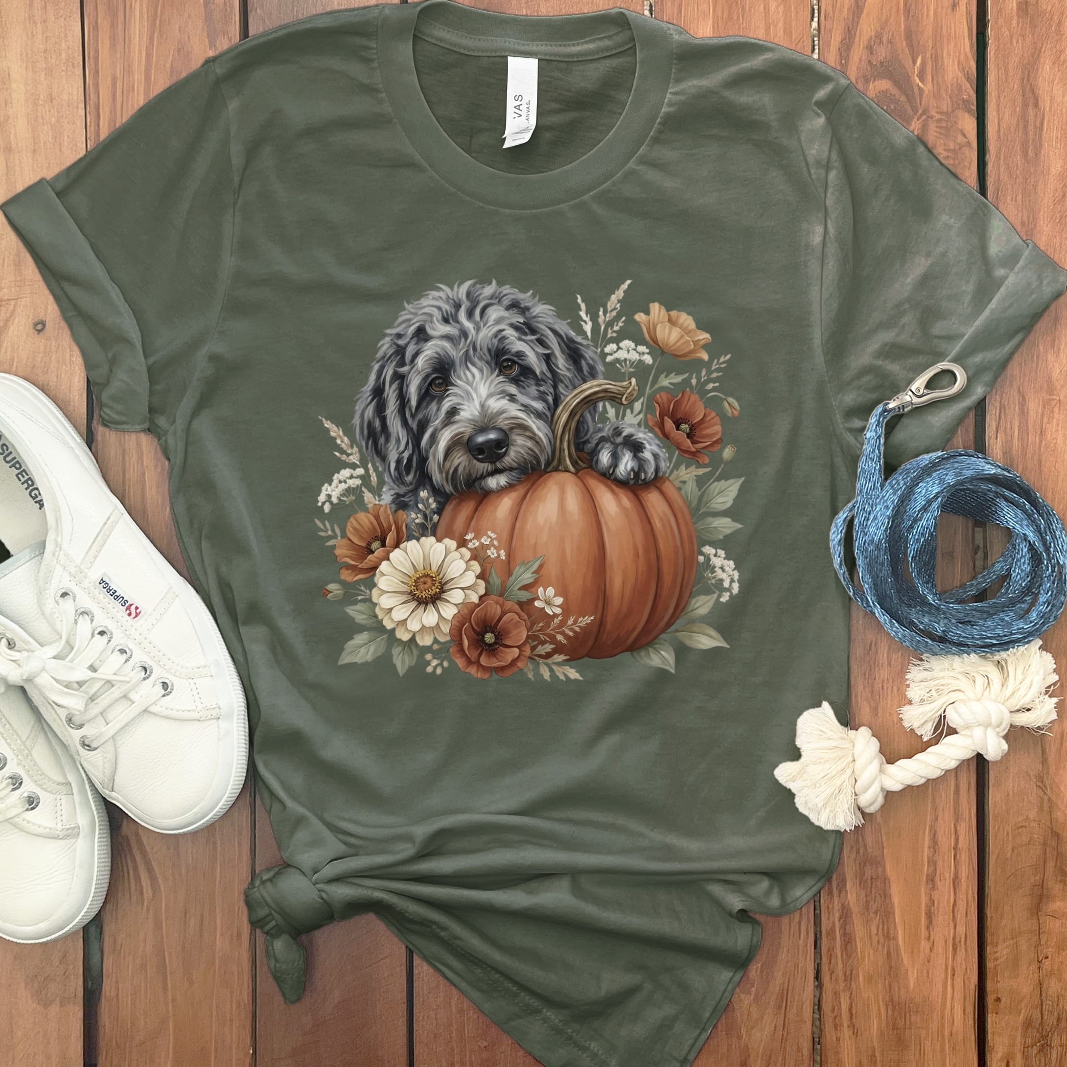 Merle Goldendoodle Pumpkin Hug T-Shirt in Military Green / S by Puppy Jo