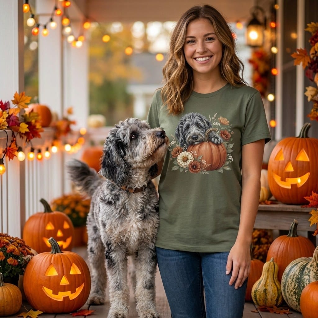 Merle Goldendoodle Pumpkin Hug T-Shirt in by Puppy Jo